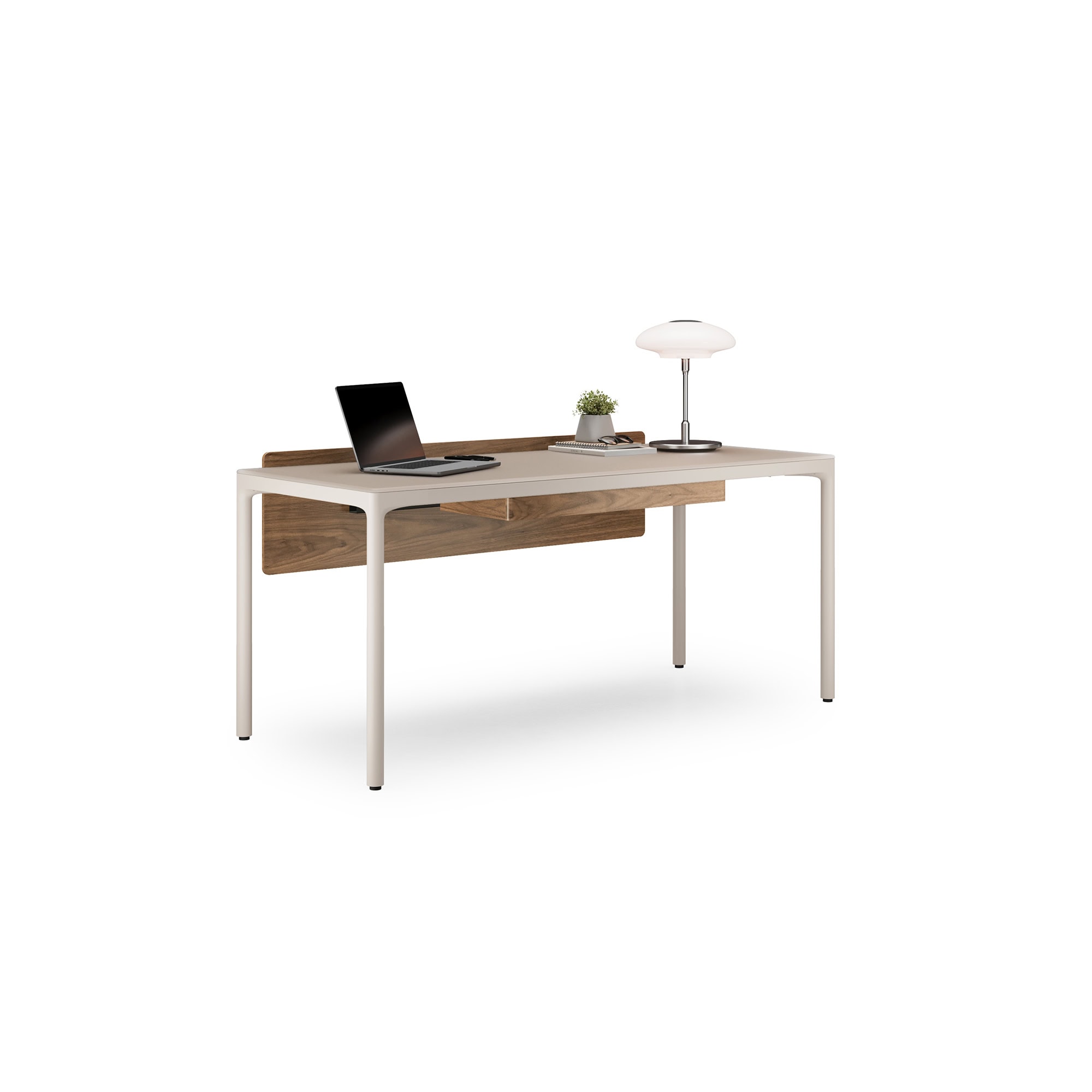 Modern white desk with wooden back panel, ideal for home office or workstation setups.