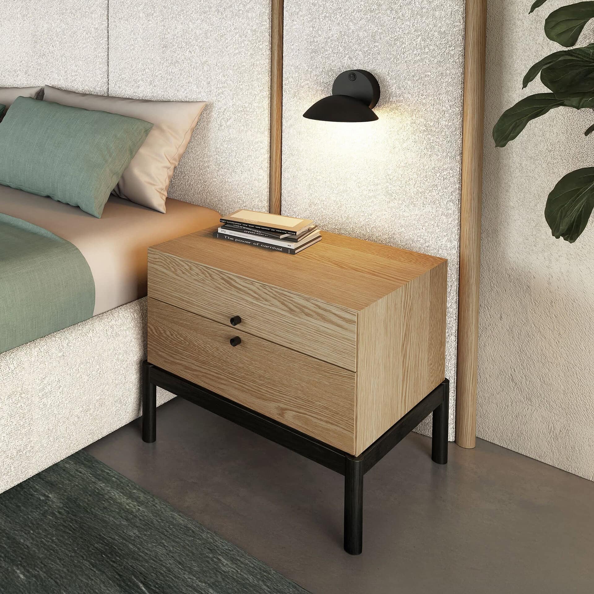 Natural wood nightstand with black metal legs, modern bedroom furniture, minimalist design, Sklar Furnishings.