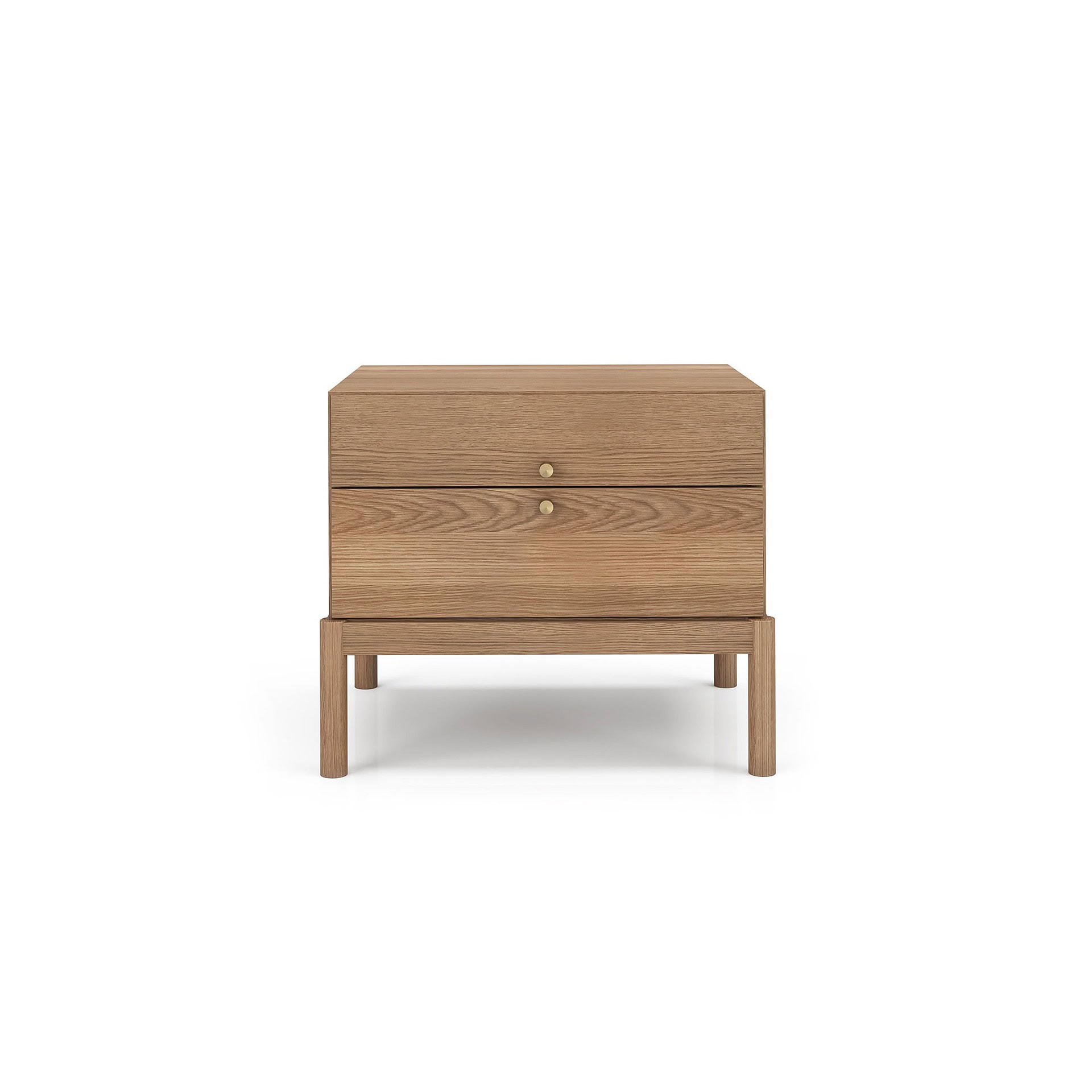 Wooden bedside table with gold knobs, modern minimalist design for bedroom decor.