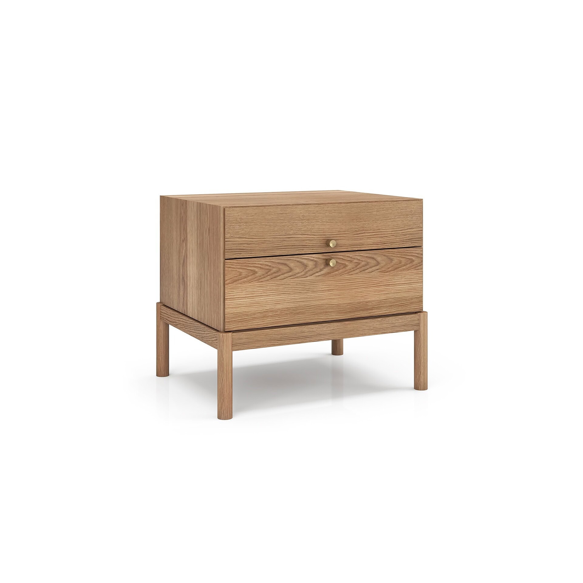 Solid wood nightstand with natural finish and brass knobs, modern bedroom furniture.