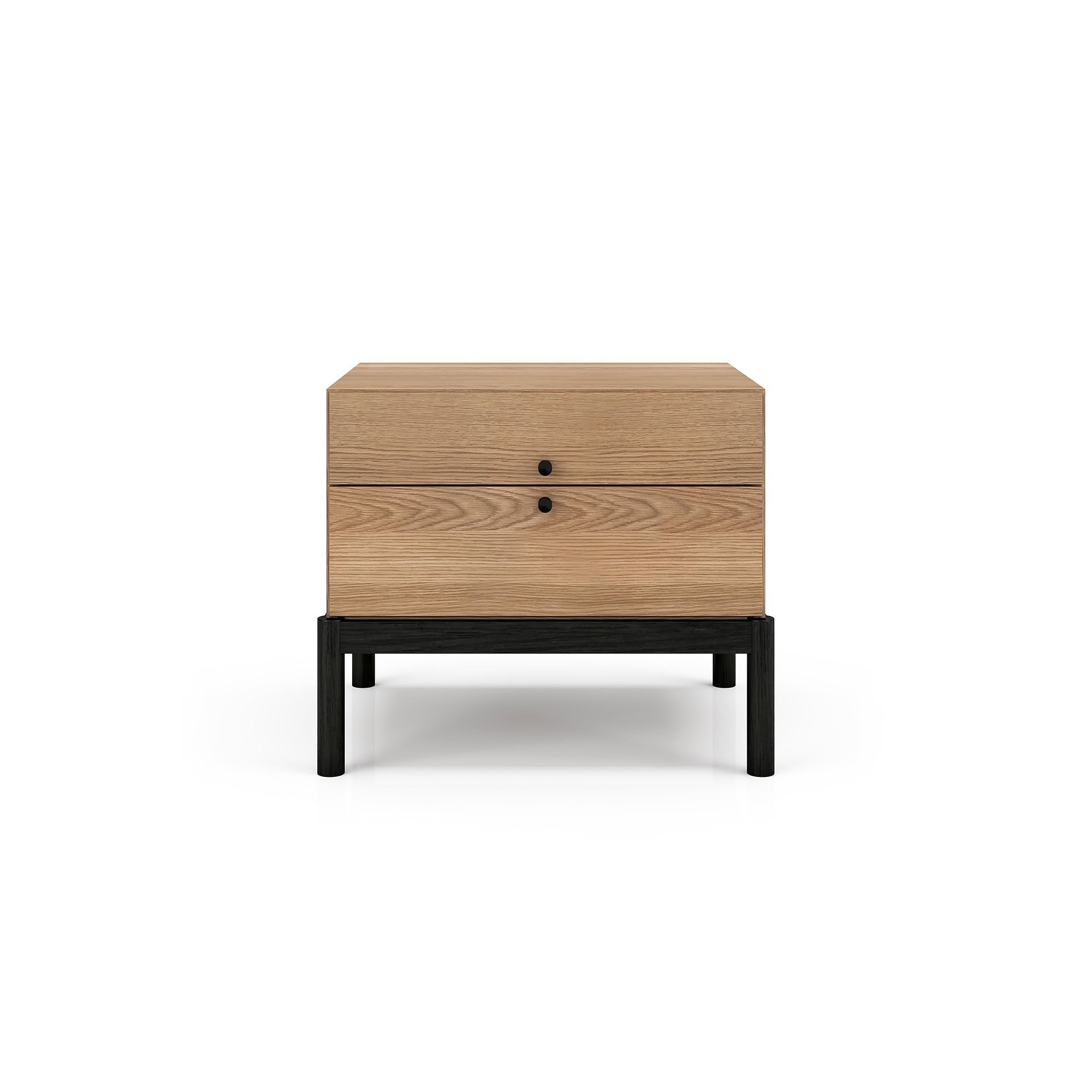 Contemporary wooden nightstand with black legs, minimalist modern bedroom furniture accent.