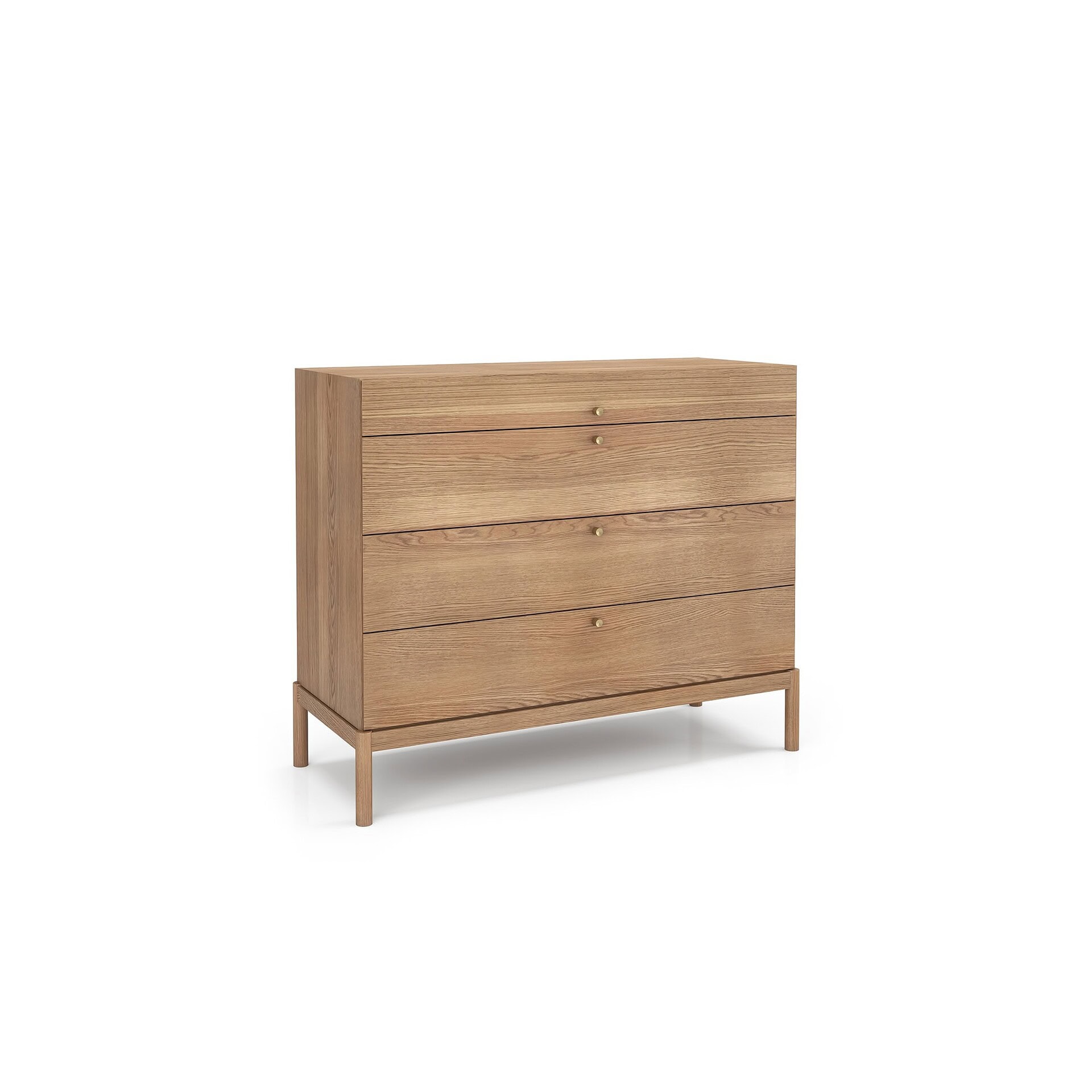 Natural wood dresser with sleek design and brass hardware for stylish bedroom storage.