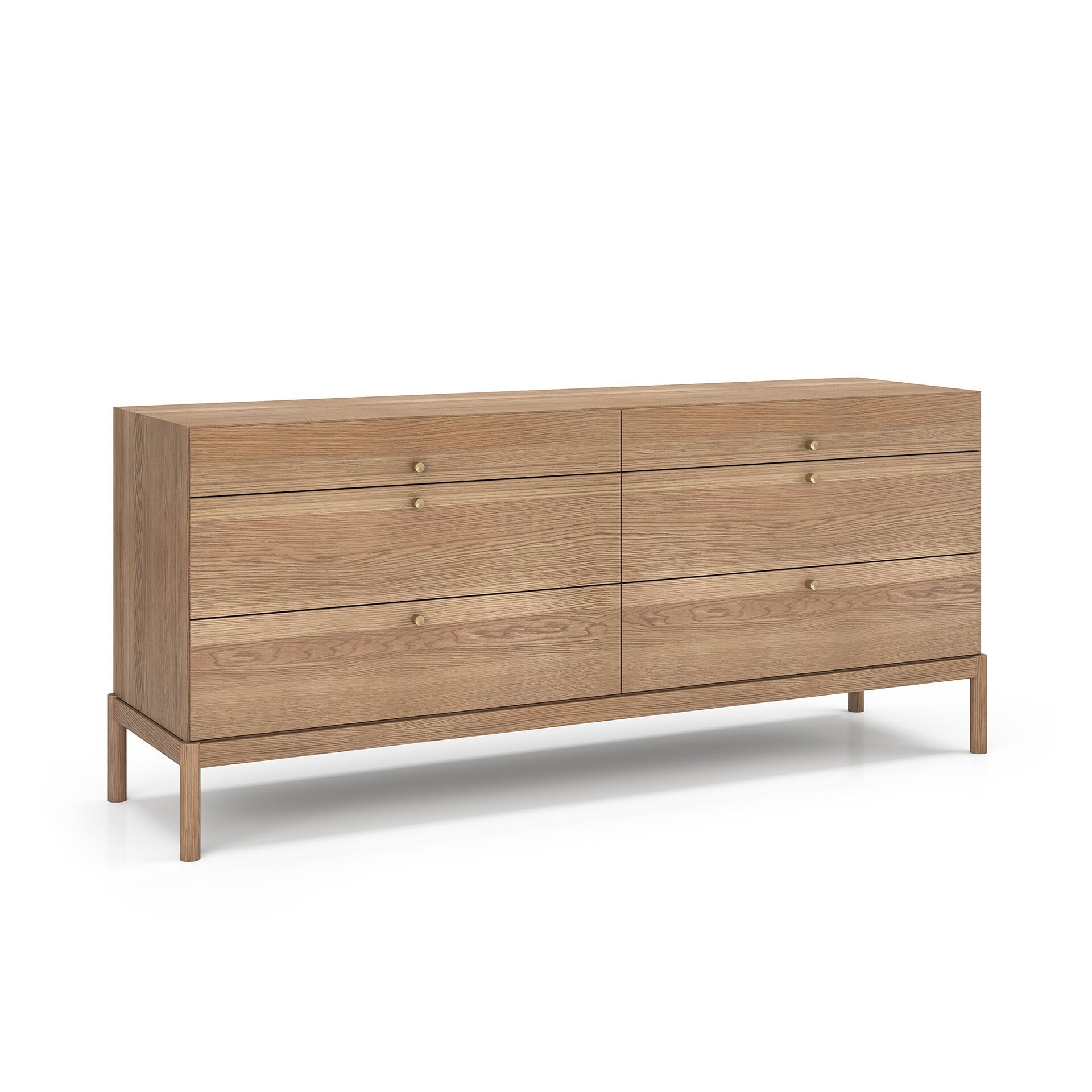 Elegant wooden dresser with six drawers, crafted from natural wood with subtle gold hardware.