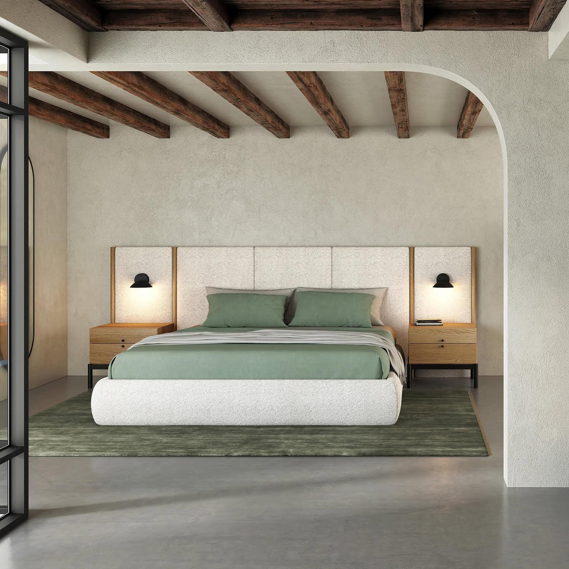 Stylish bedroom featuring a modern bed, green bedding, and sleek wooden nightstands for contemporary living.