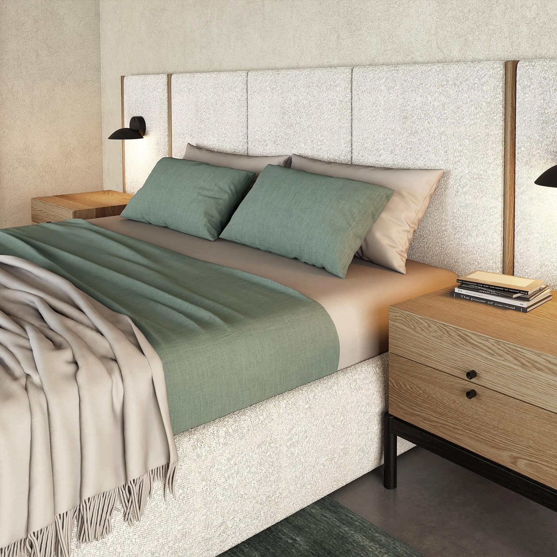 Elegant bedroom decor featuring a plush upholstered bed, wooden nightstand, and cozy linens.