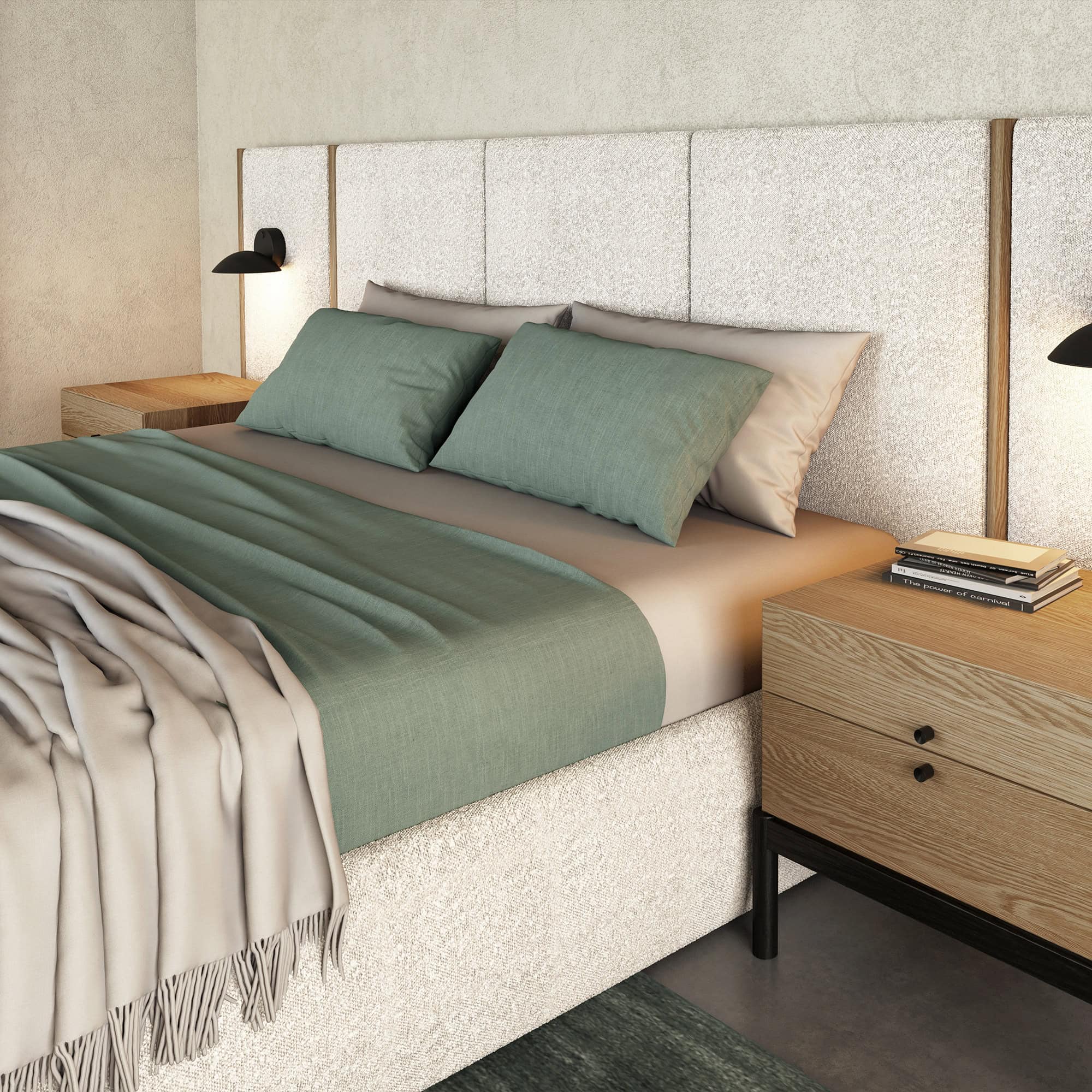 Elegant bedroom decor featuring a plush upholstered bed, wooden nightstand, and cozy linens.