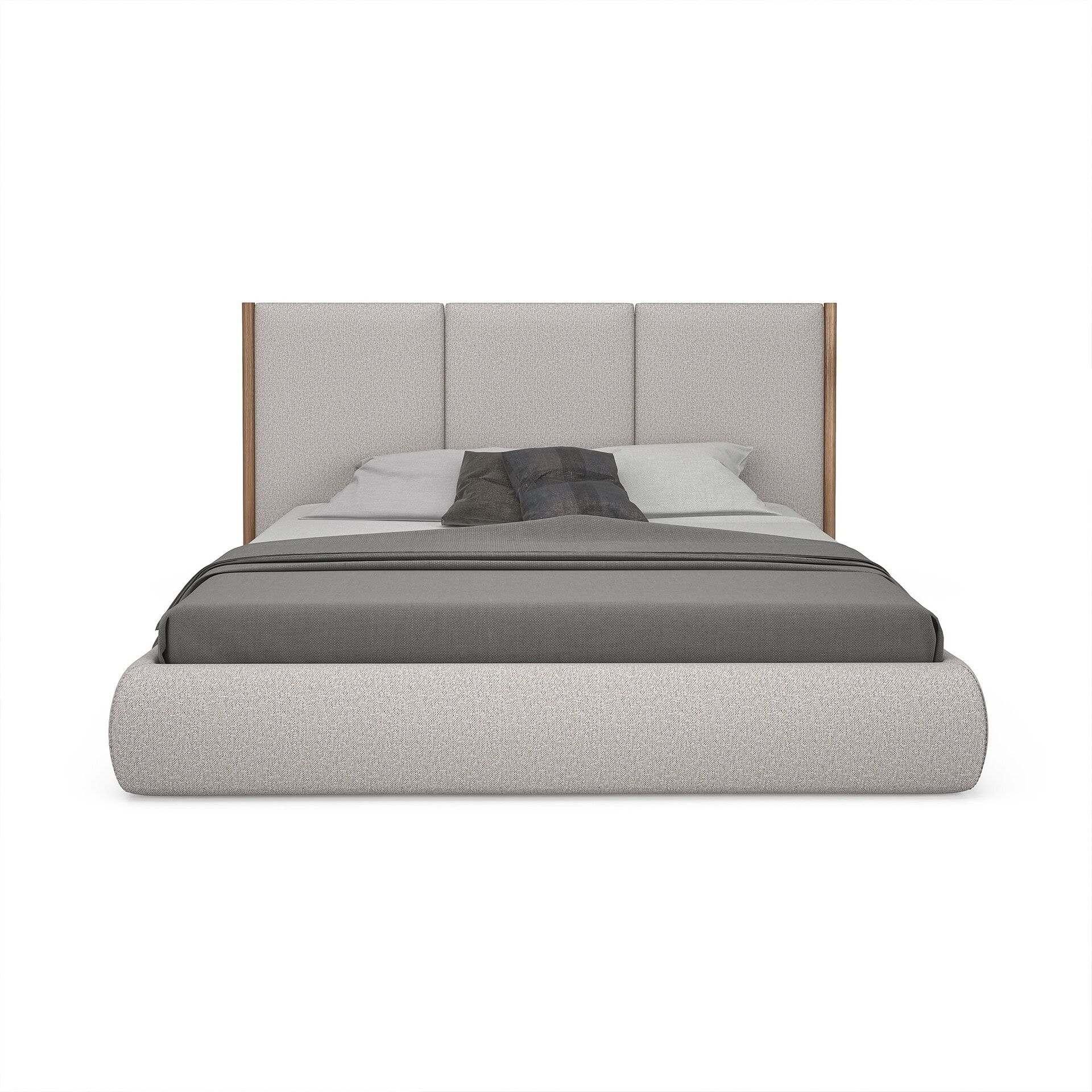 Modern upholstered bed with wood frame, soft fabric headboard, and cozy bedding.