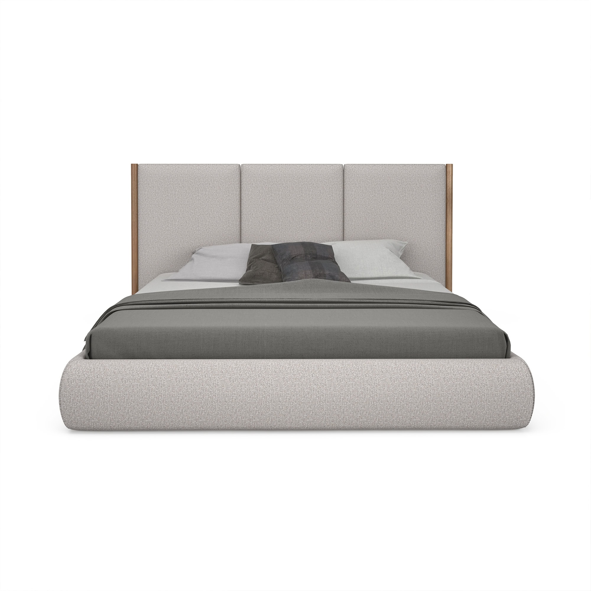 Modern upholstered bed with wood frame, soft fabric headboard, and cozy bedding.