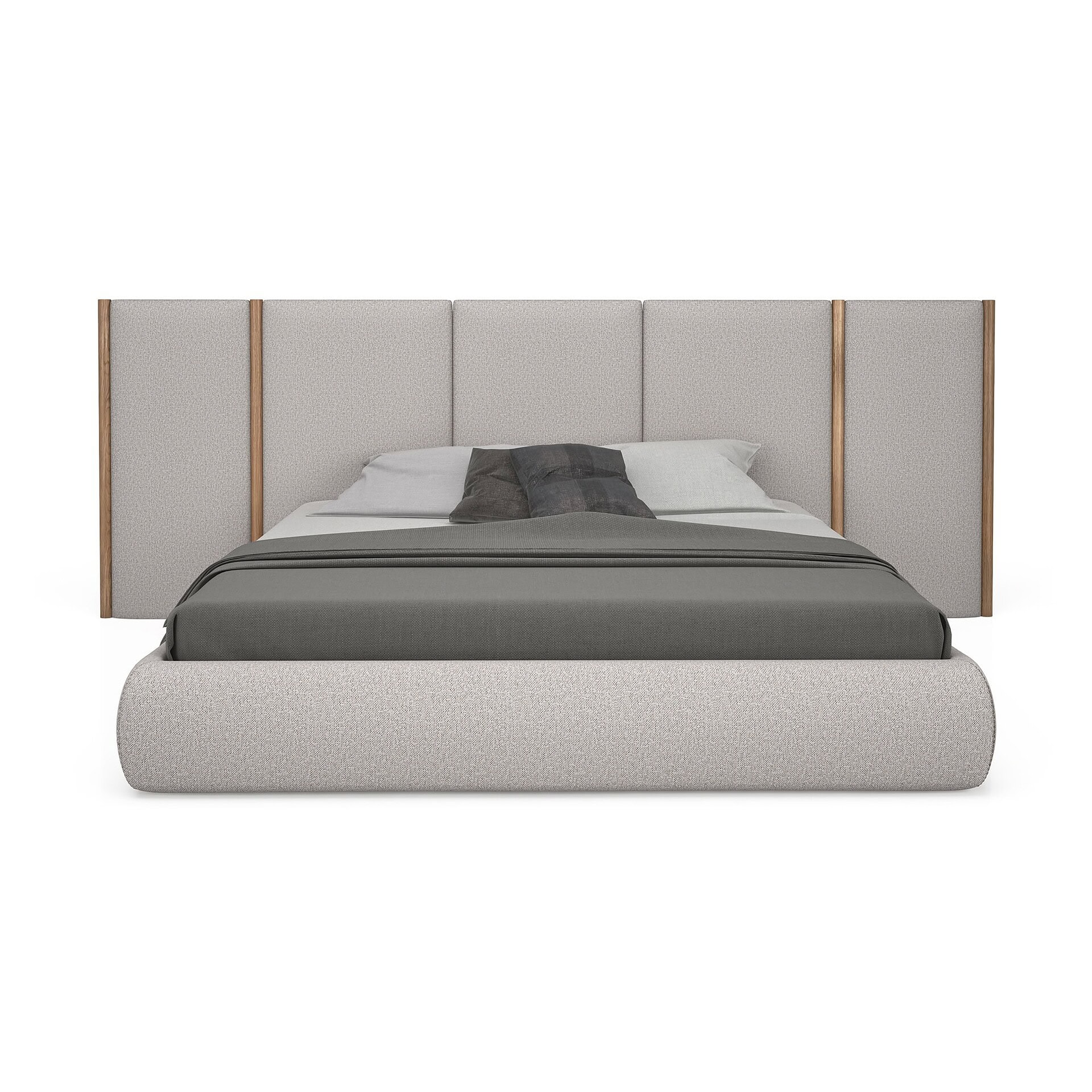 Luxurious modern bed with upholstered headboard and minimalist design, perfect for stylish bedrooms.