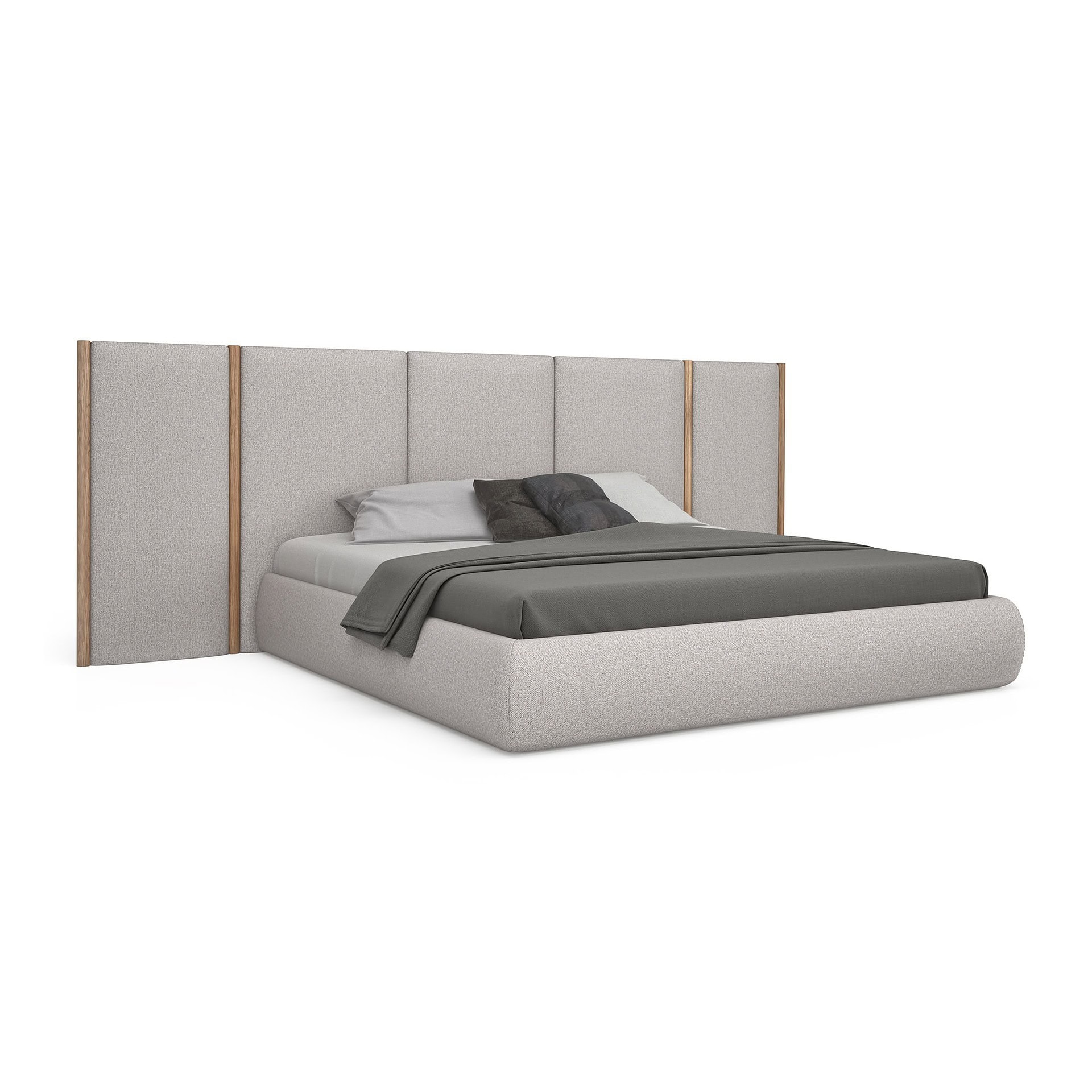 Luxurious upholstered bed featuring a sleek, contemporary design with leather and wood accents for a stylish bedroom upgrade.