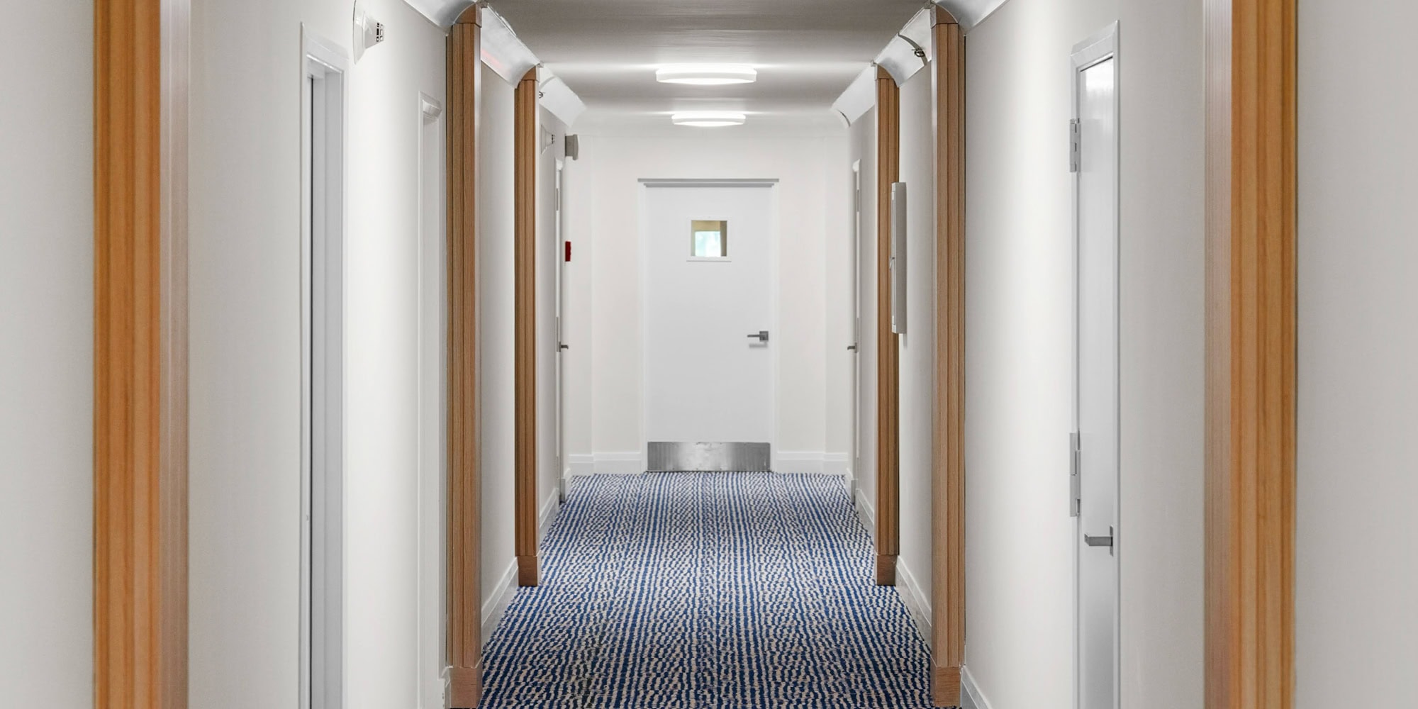 Contemporary hallway featuring pristine white walls, wood trims, and a patterned blue carpet.