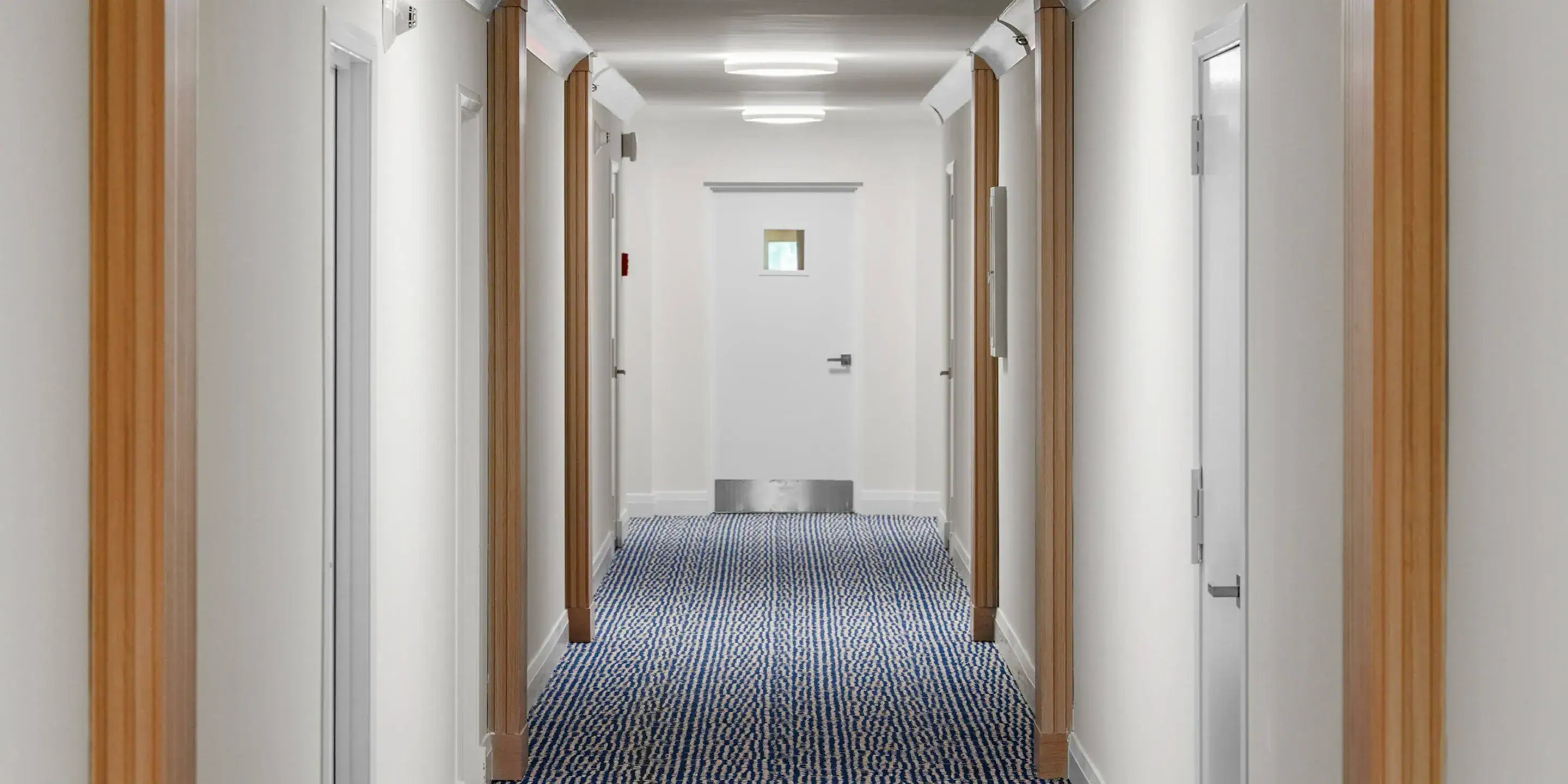 Contemporary hallway featuring pristine white walls, wood trims, and a patterned blue carpet.