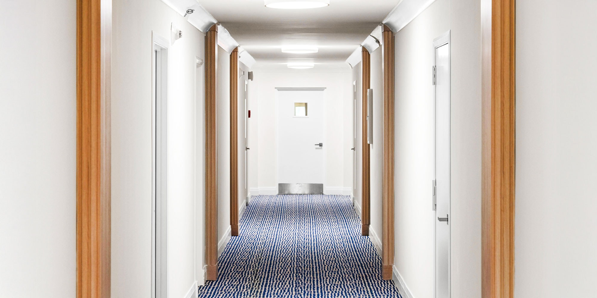 Contemporary hallway featuring pristine white walls, wood trims, and a patterned blue carpet.