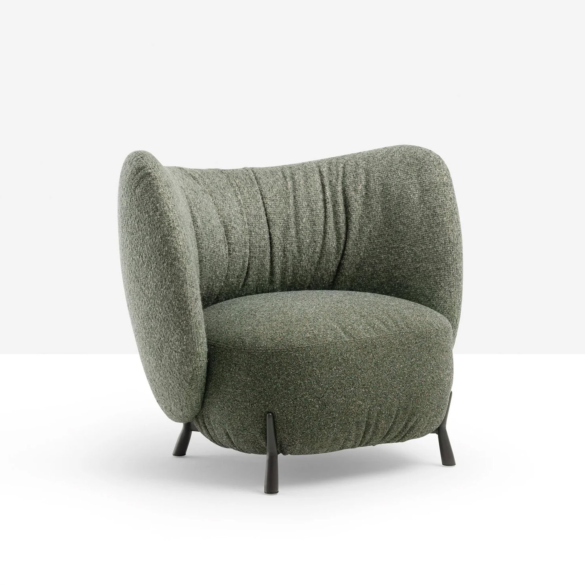 Cozy modern armchair with curved design and textured fabric, perfect for stylish living spaces.