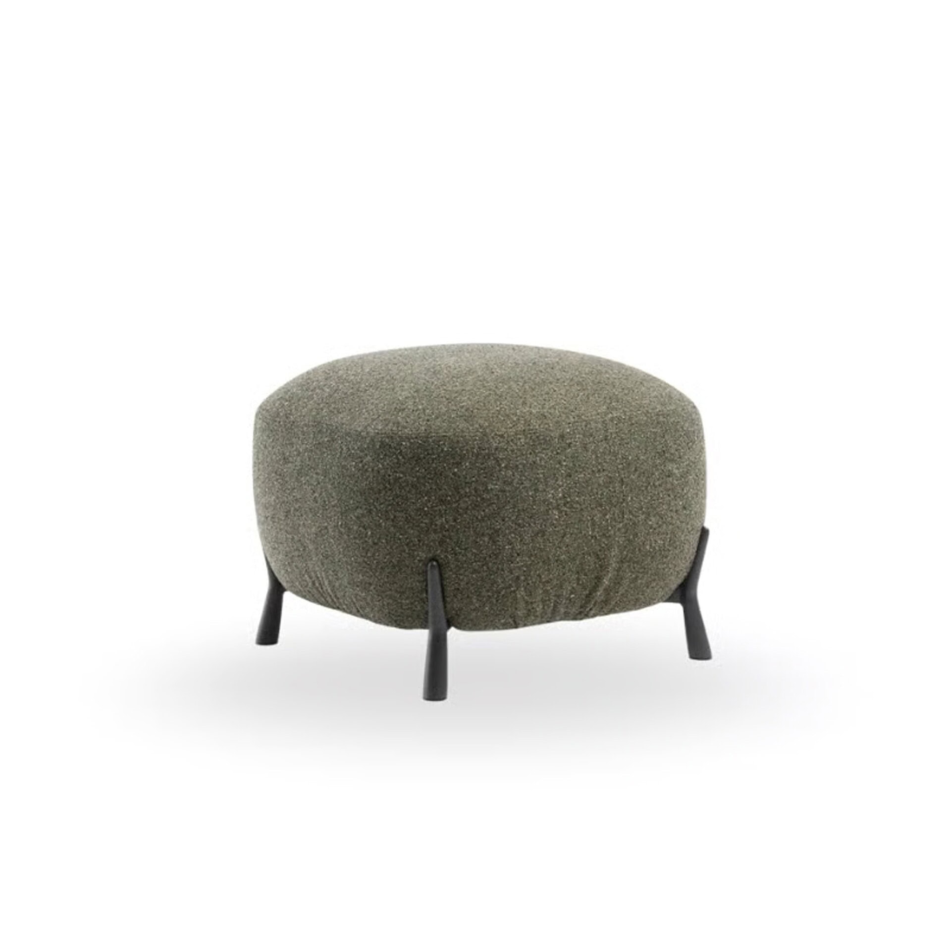 Plush upholstered ottoman with black wooden legs, perfect for modern living room decor.