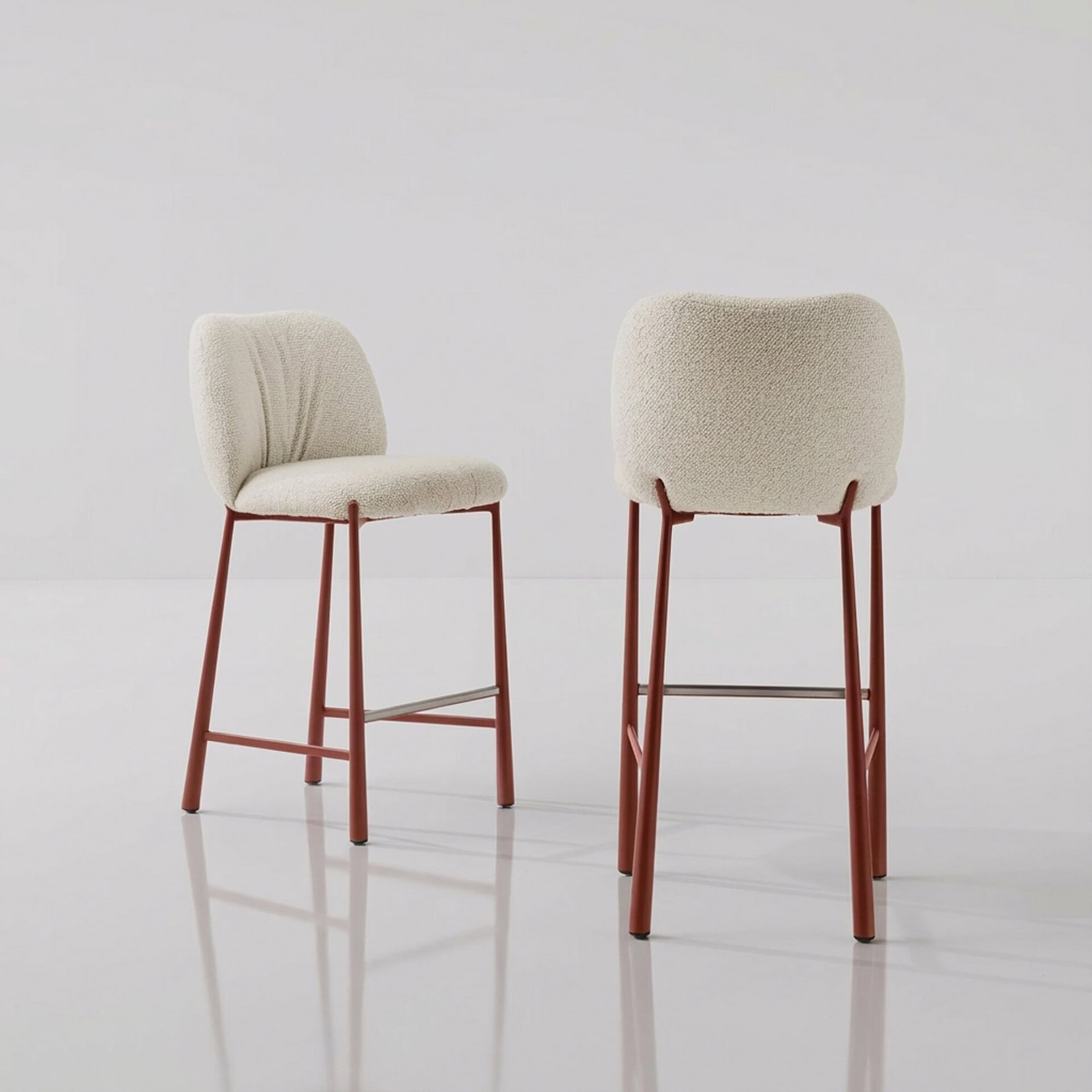 Contemporary upholstered dining chairs with rust-colored metal legs, ideal for modern home decor.