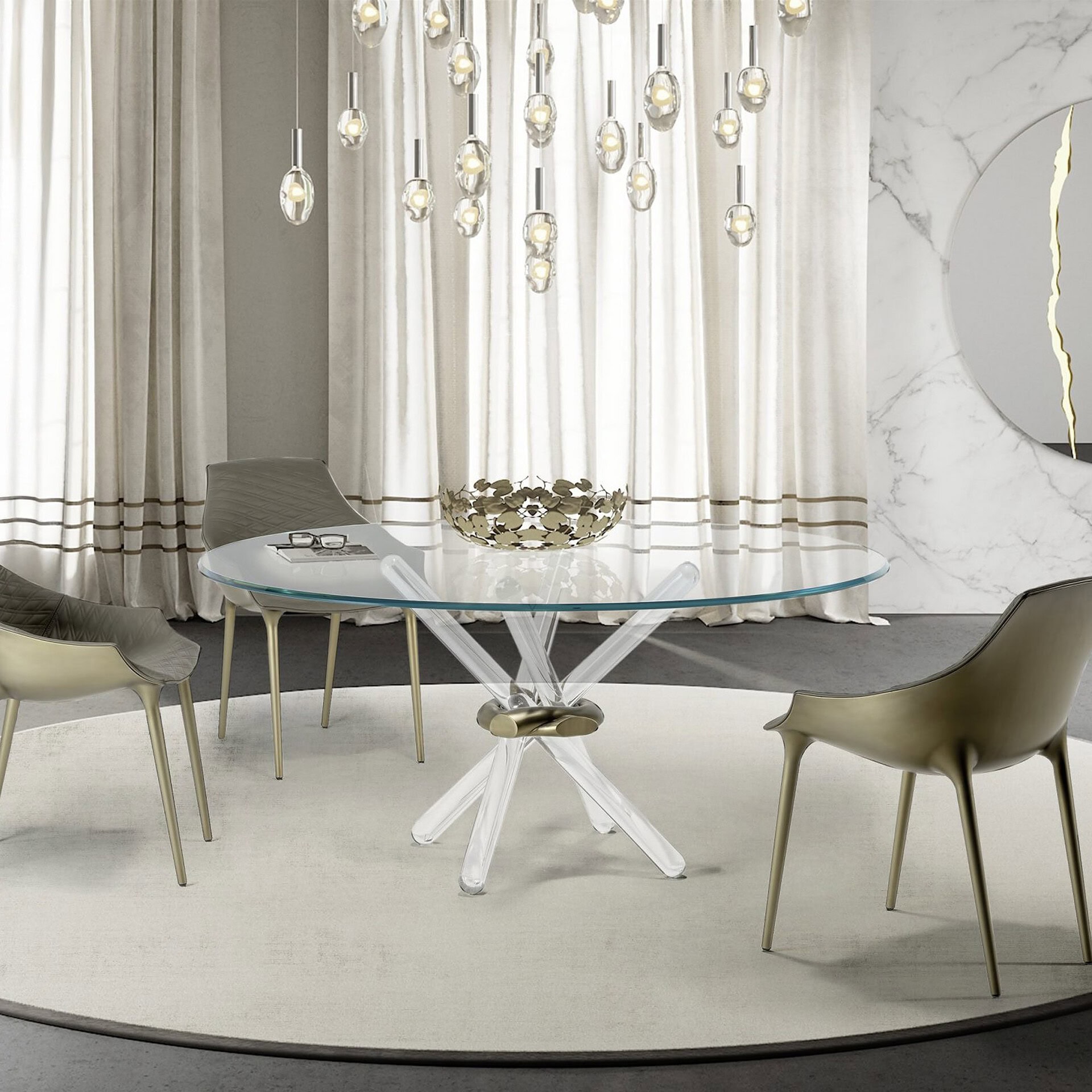 Elegant glass dining table with gold accent chairs and modern chandelier for stylish interior design.