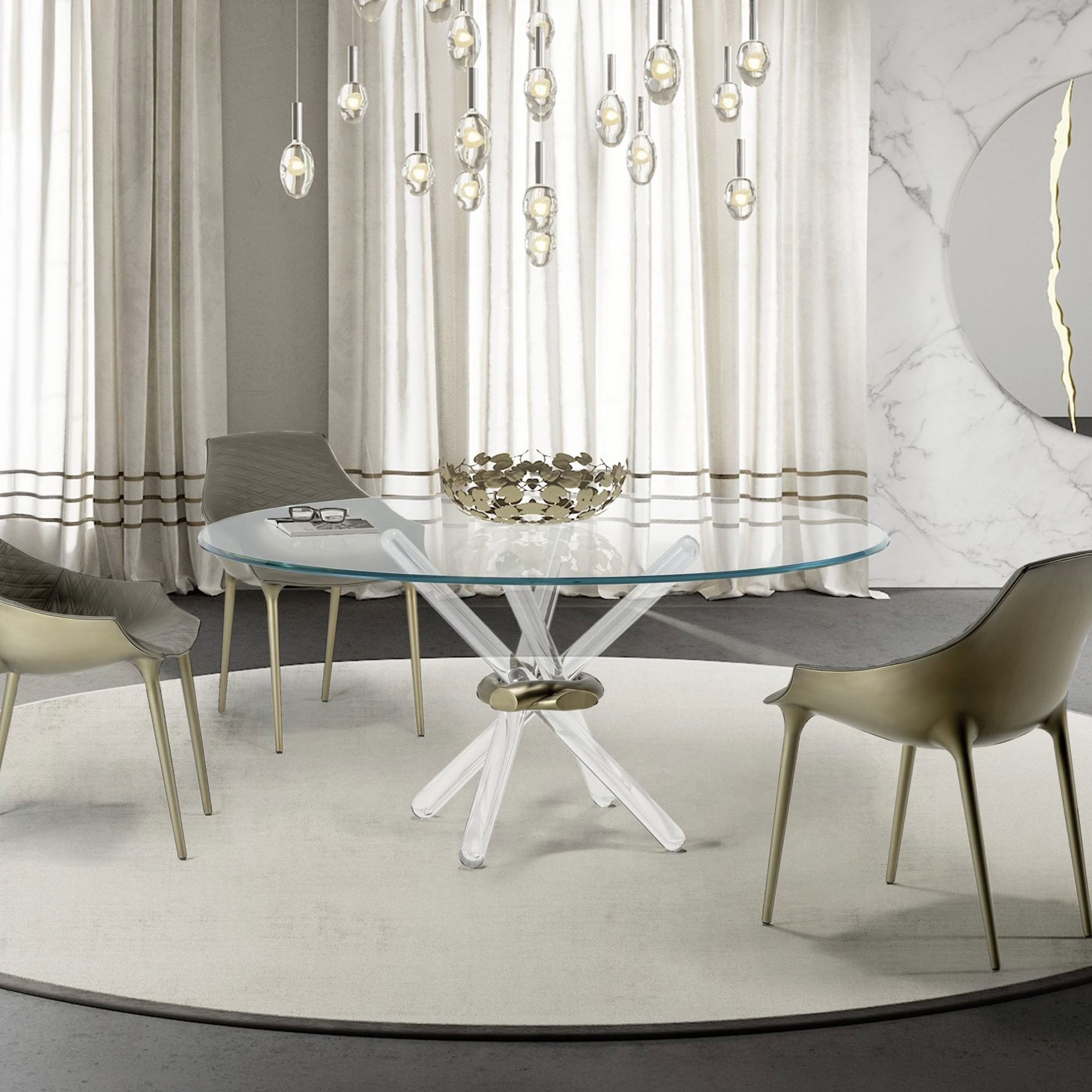 Elegant glass dining table with gold accent chairs and modern chandelier for stylish interior design.