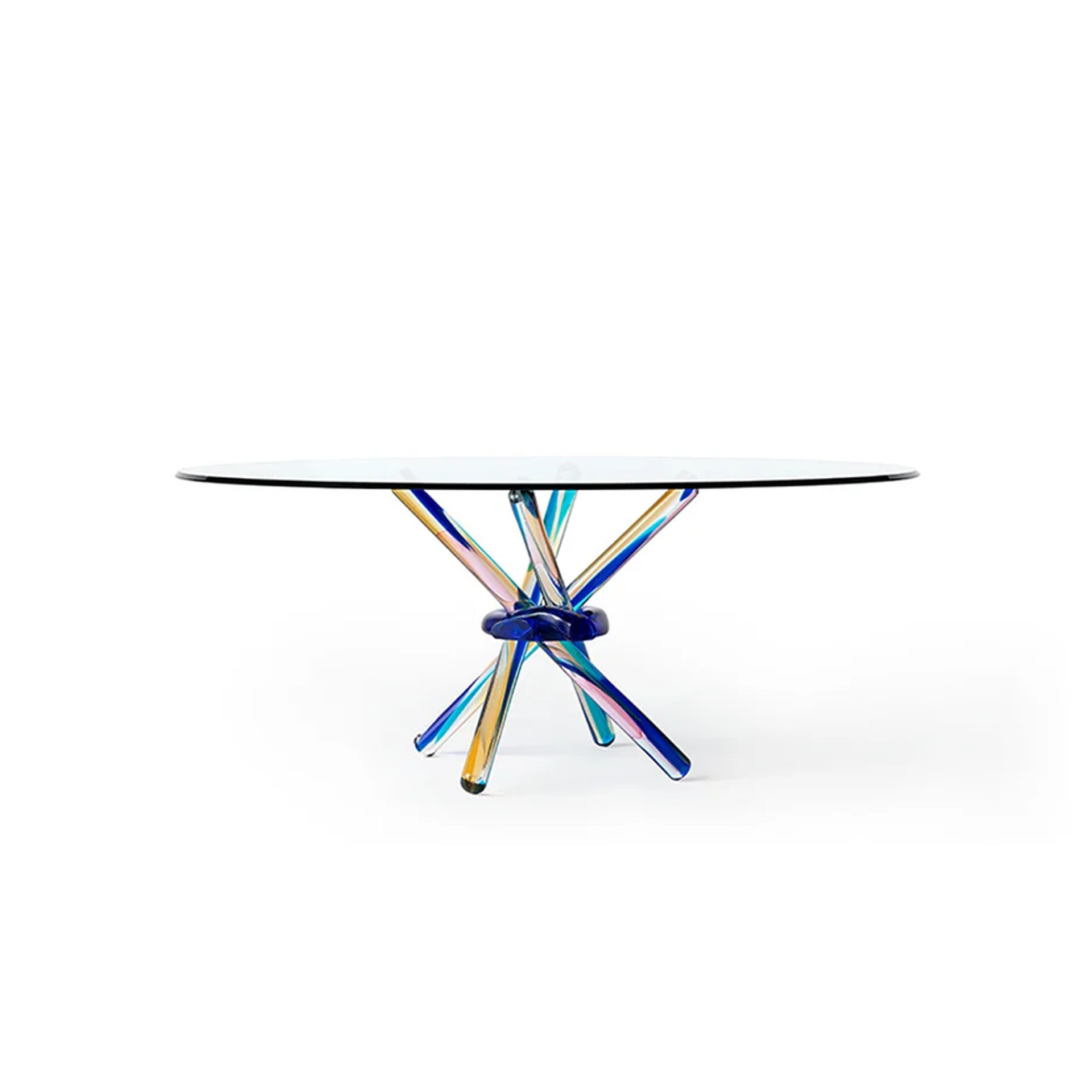 Vitra Ero/S Chair with colorful glass legs and clear top, modern designer furniture.