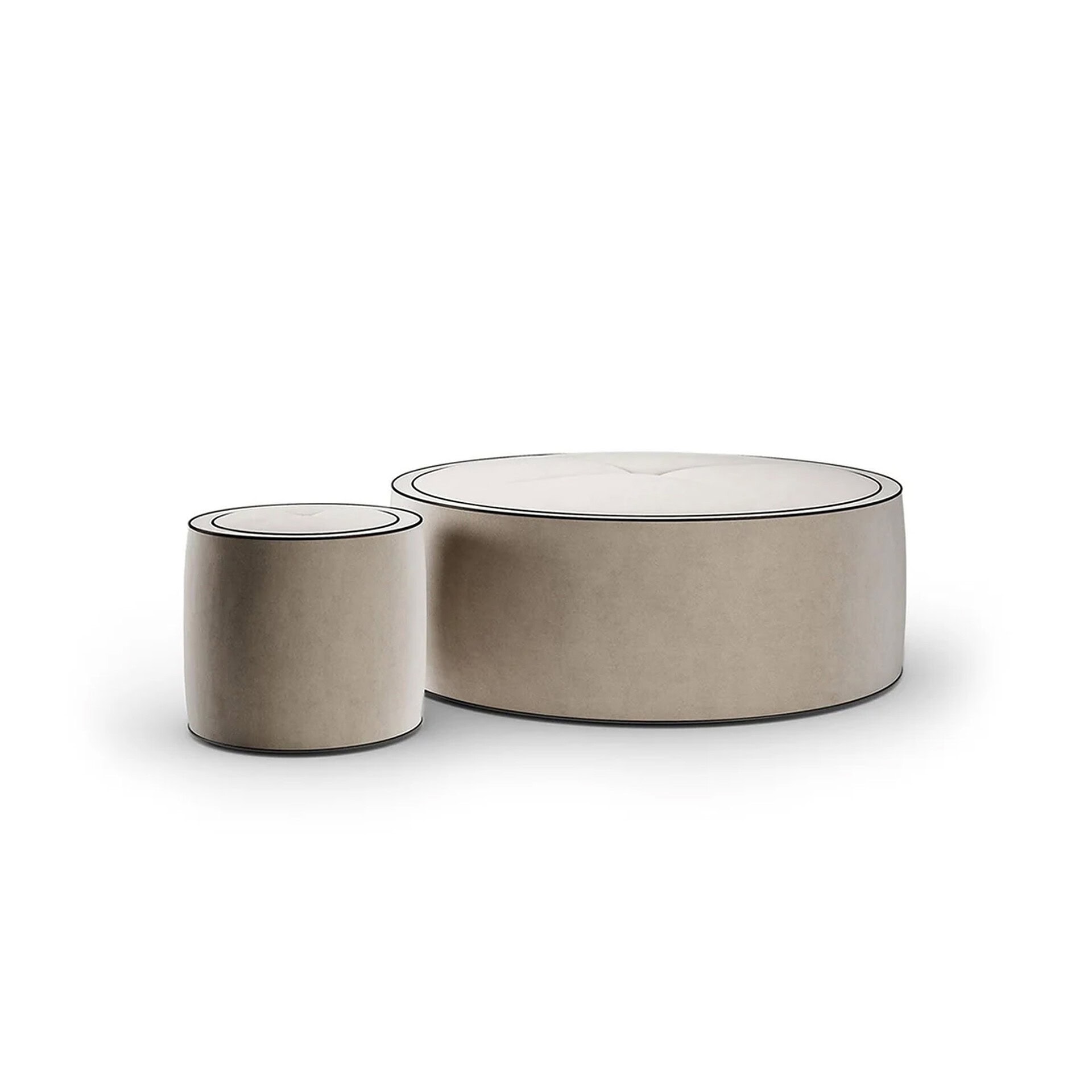 Sleek beige modern ottomans with black trim, stylish and versatile for contemporary living spaces.