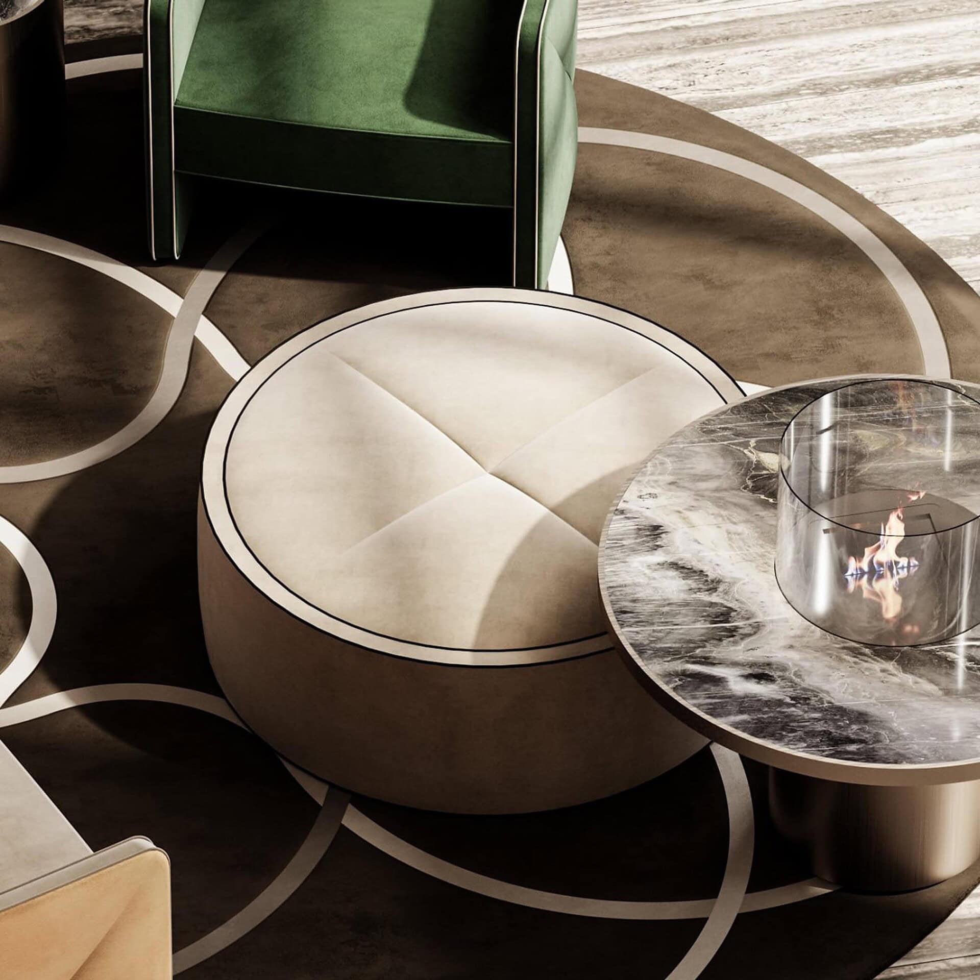 Elegant round upholstered ottoman with a cream finish and black trim.