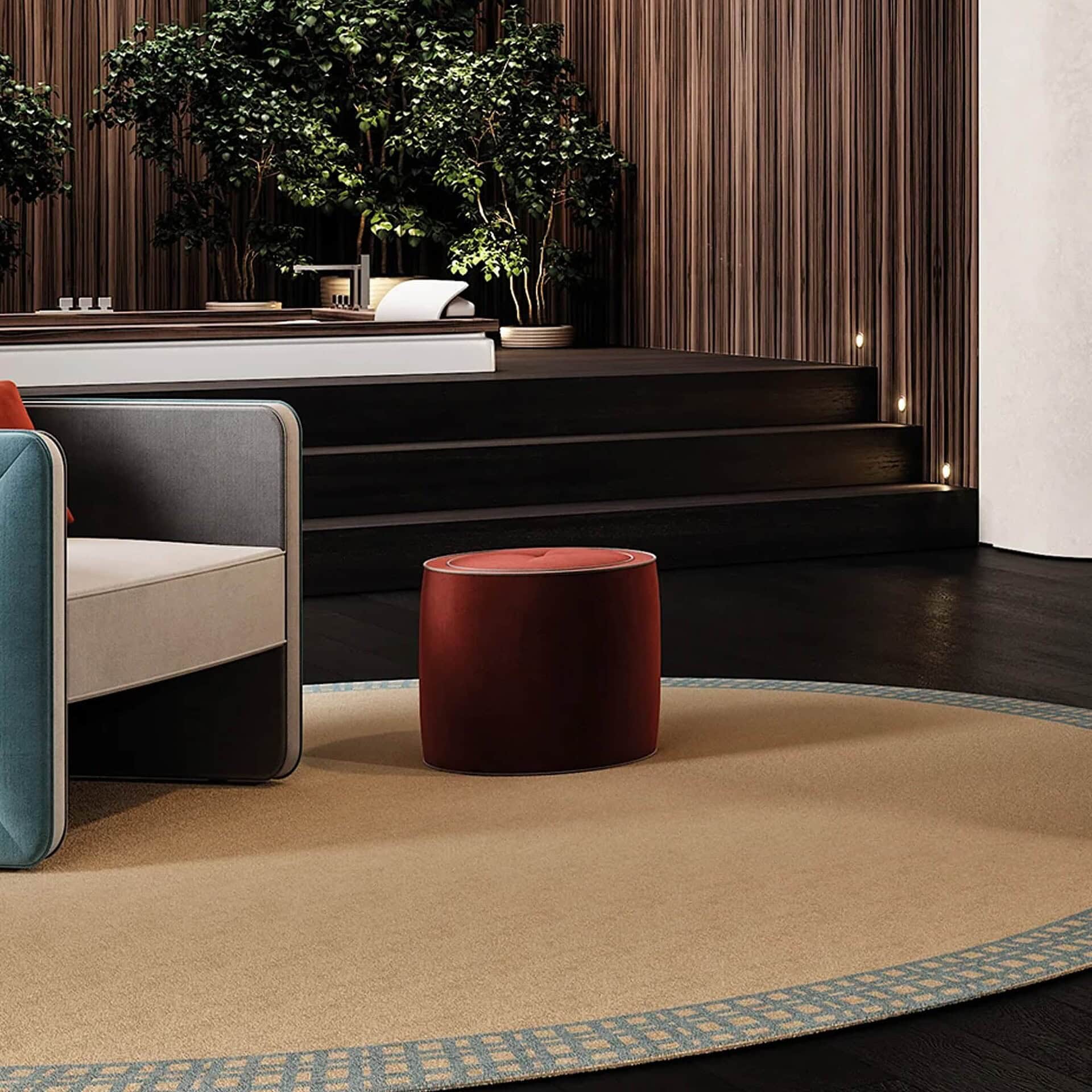 Elegant modern seating area with stylish furniture and scenic indoor plants at Sklar Furnishings.