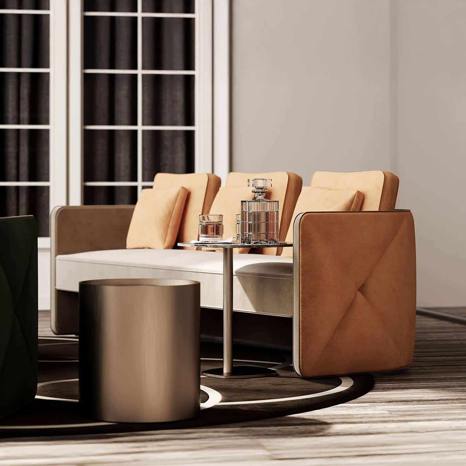 Luxurious modern beige and brown sofa with chic glass accent table, stylish for contemporary living rooms.