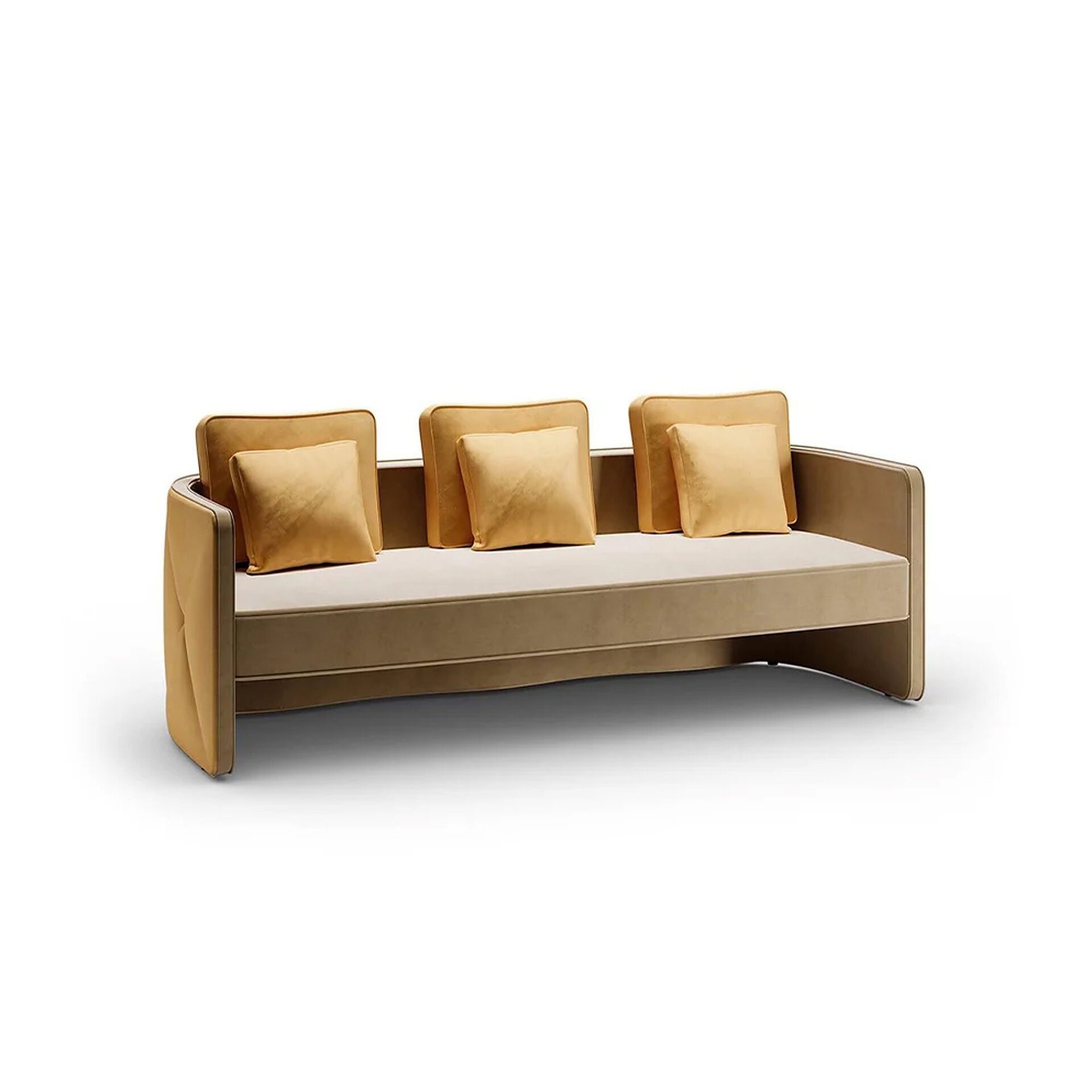 Luxurious beige modern sofa with gold accent pillows, stylish comfort for living room decor.
