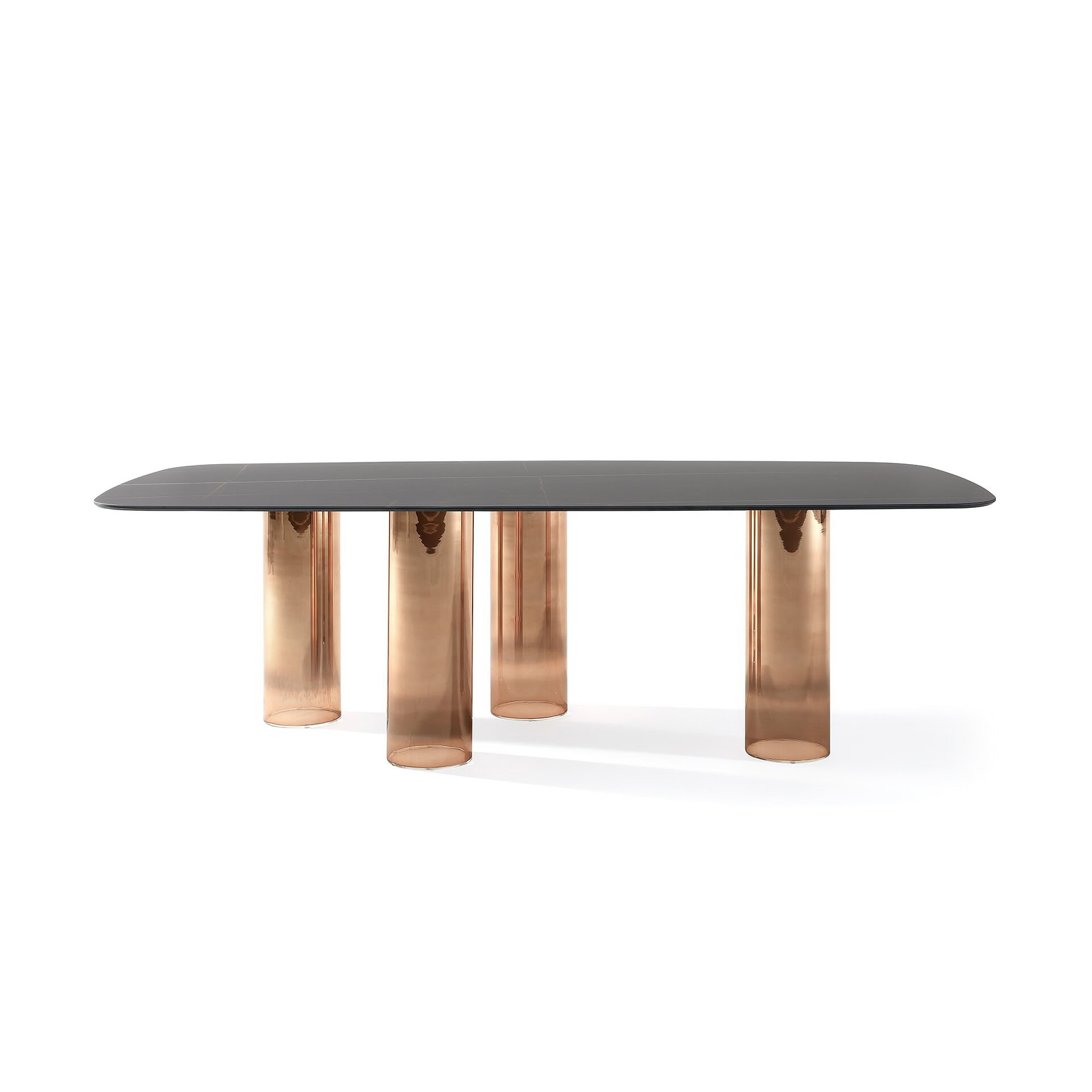 Glossy black and rose gold dining table with modern cylindrical legs for sophisticated homes.