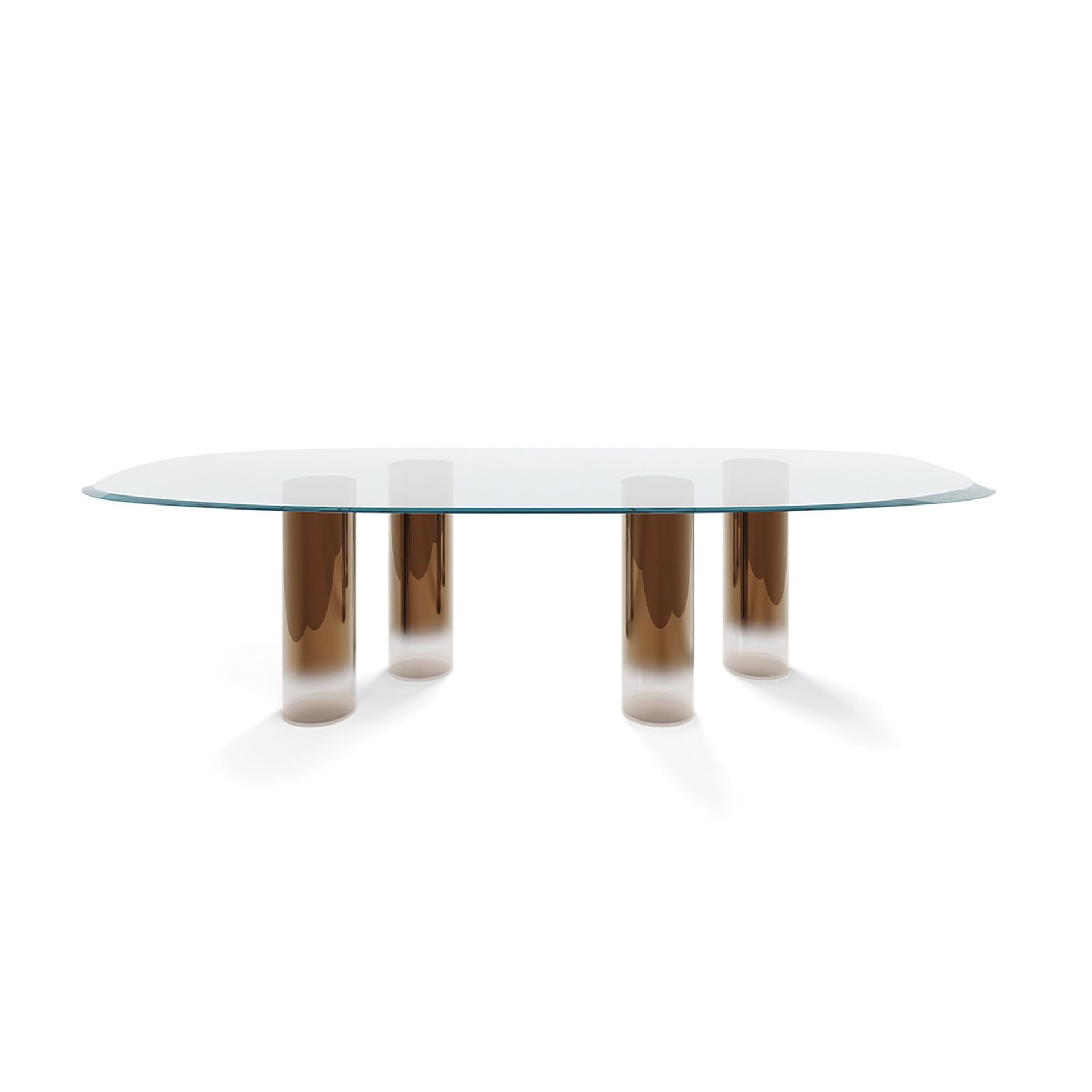 Sleek glass dining table with bronze cylindrical legs for modern home decor.
