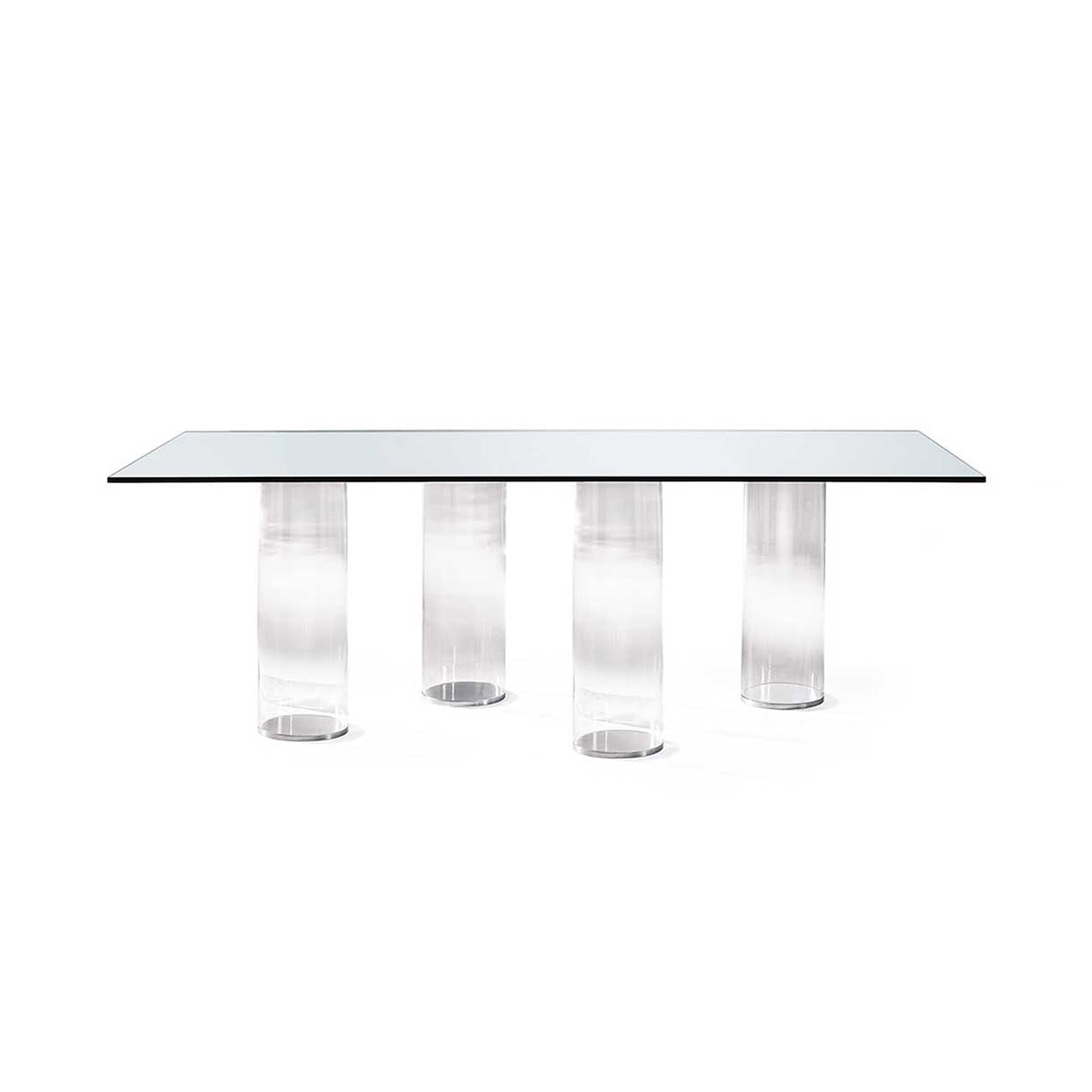 Sleek glass-top dining table with clear cylindrical acrylic base for modern elegance.
