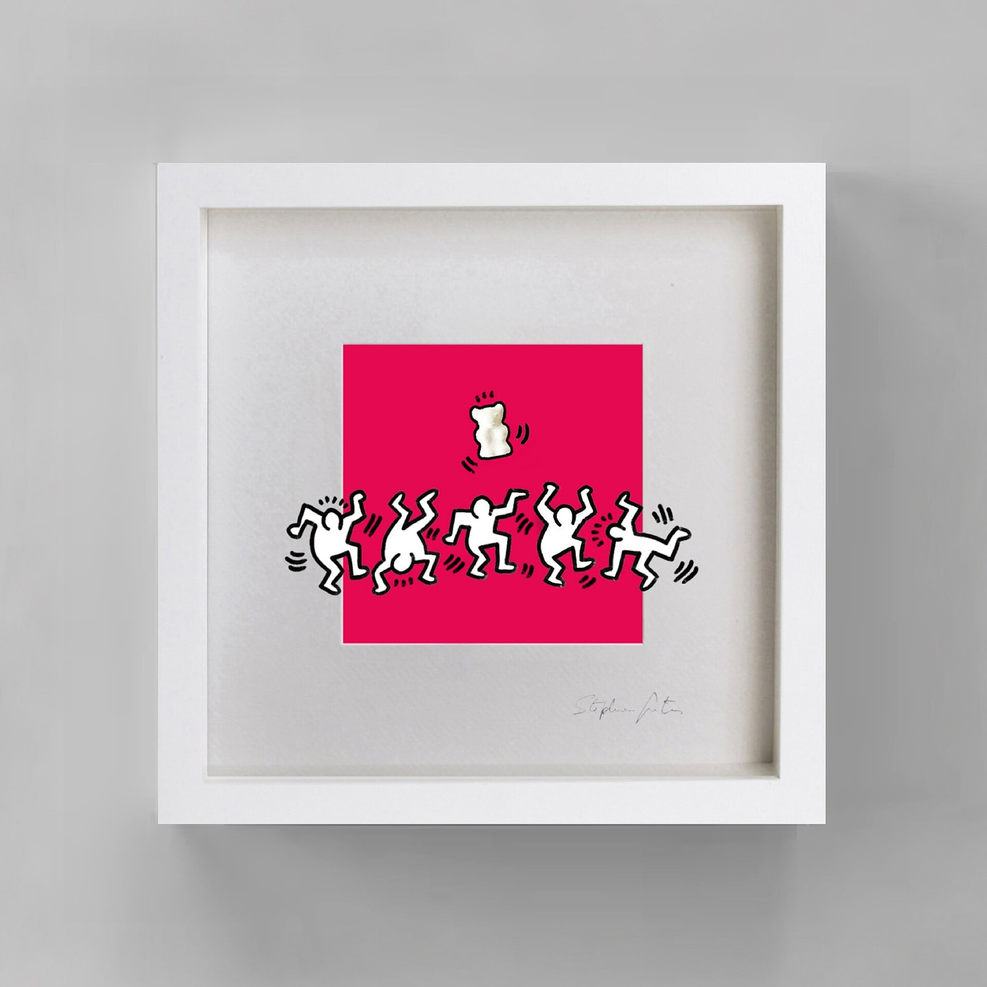 Colorful modern artwork featuring abstract dancing figures with vibrant pink background.