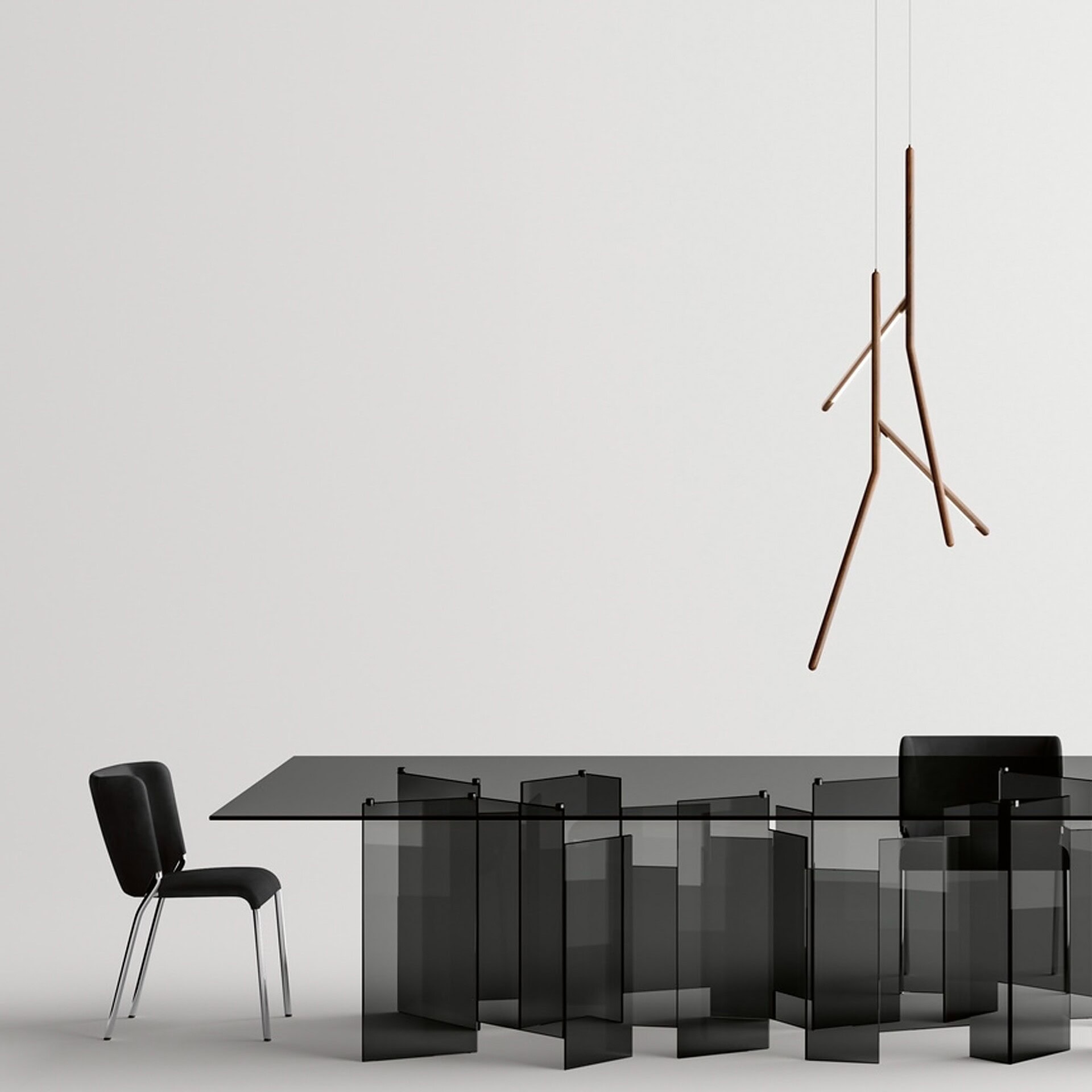 Contemporary black glass dining table with transparent panels, modern furniture, minimalistic design.