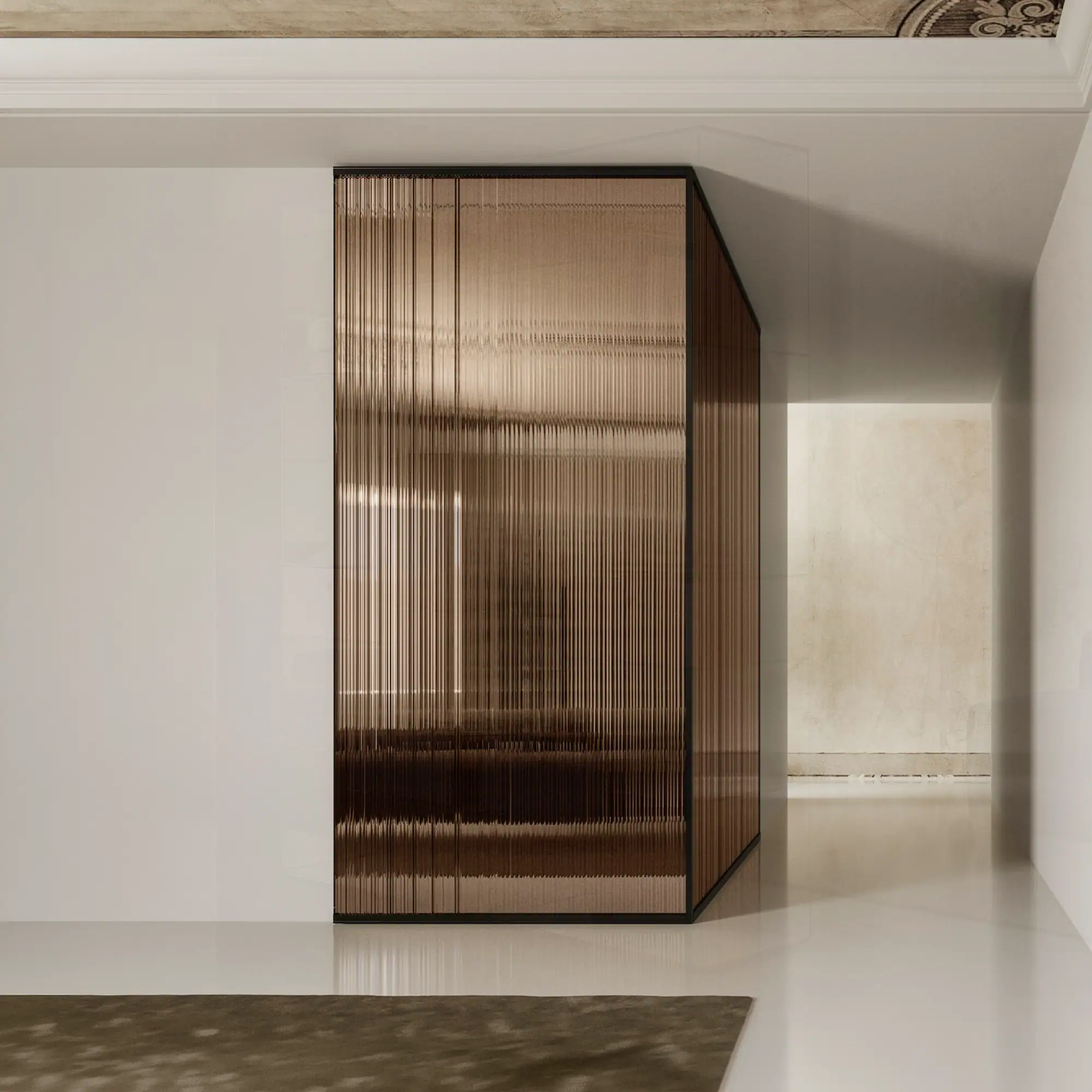 Sklar Furnishings glass wall covering with a reflective surface in a modern interior.