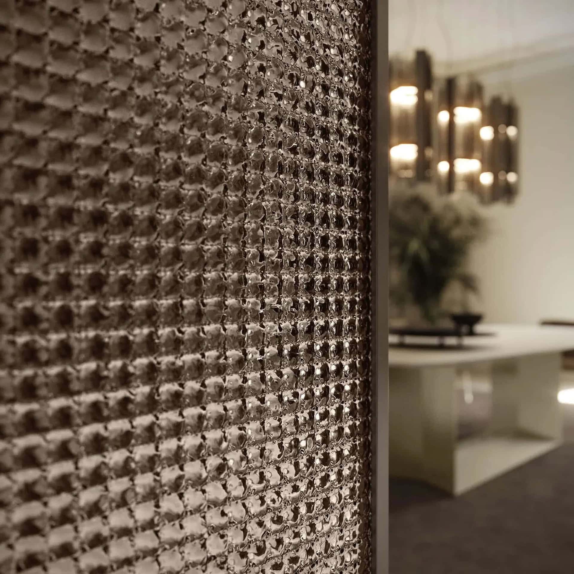 Shimmering crystal-beaded decorative partition wall for luxury interior design.