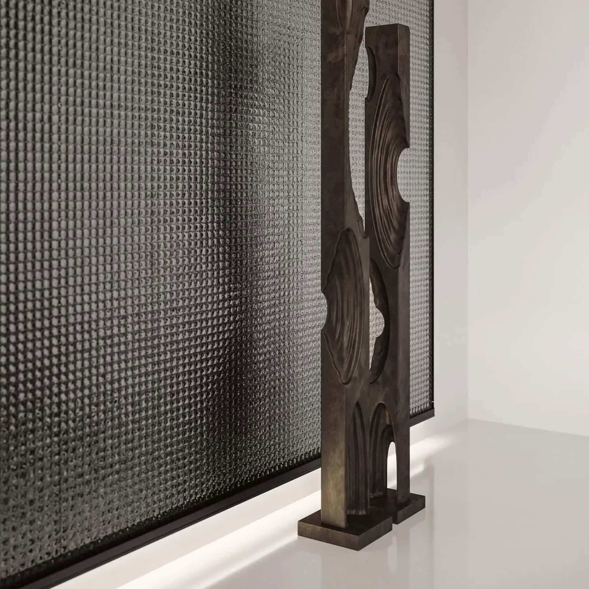Contemporary metal wall art featuring textured patterns and abstract wooden sculptures by Sklar Furnishings.