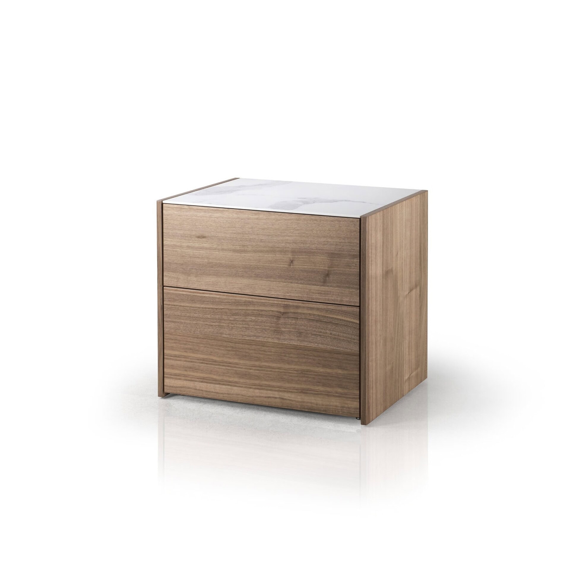 Contemporary wooden nightstand with marble top, sleek and modern bedroom furniture piece.
