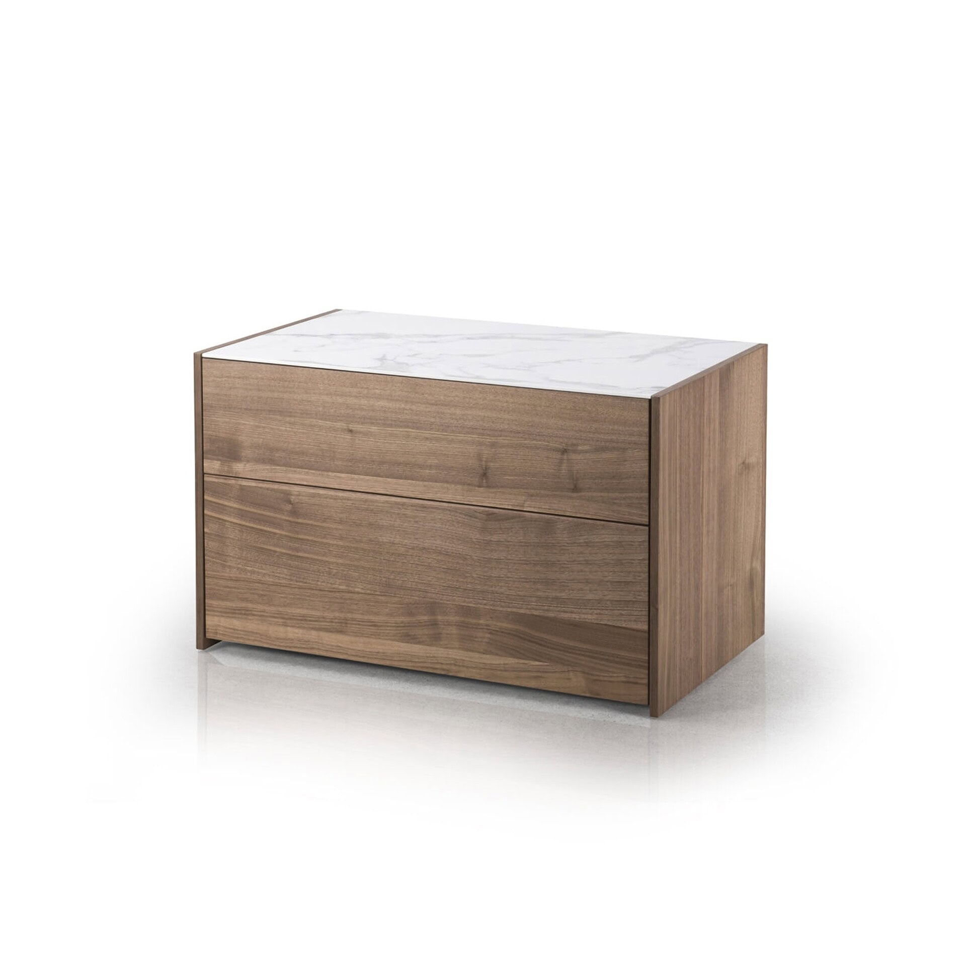 Modern wooden nightstand with white marble top for elegant bedroom decor.