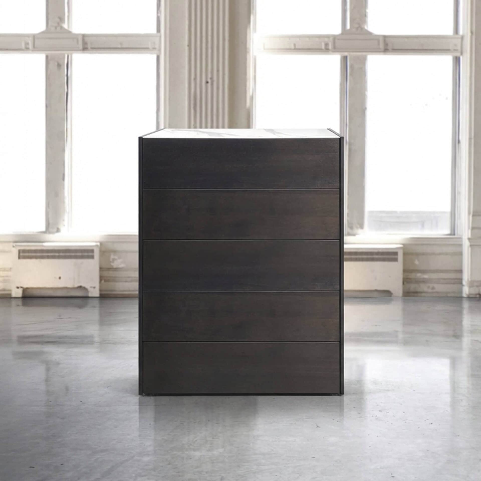 Contemporary dark wood dresser with clean lines, ideal for modern bedroom storage.