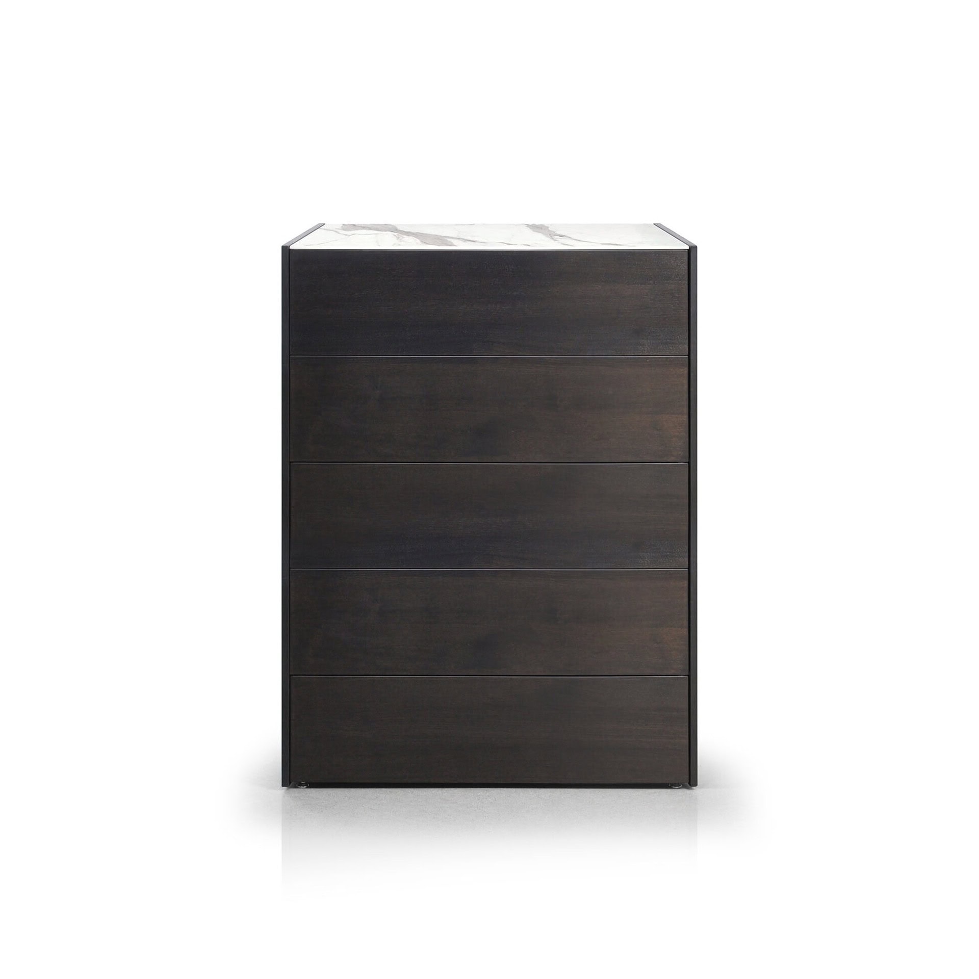 Contemporary black wooden dresser with marble top, modern bedroom furniture piece.