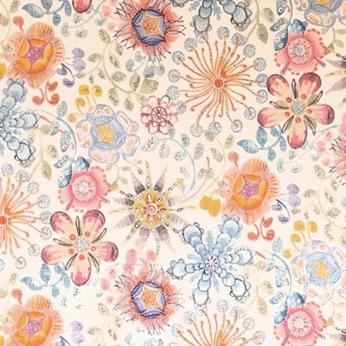 A seamless floral pattern with stylized, hand-painted flowers in shades of pink, red, orange, purple, and blue, intertwined with delicate leaves and vines on a muted taupe background.