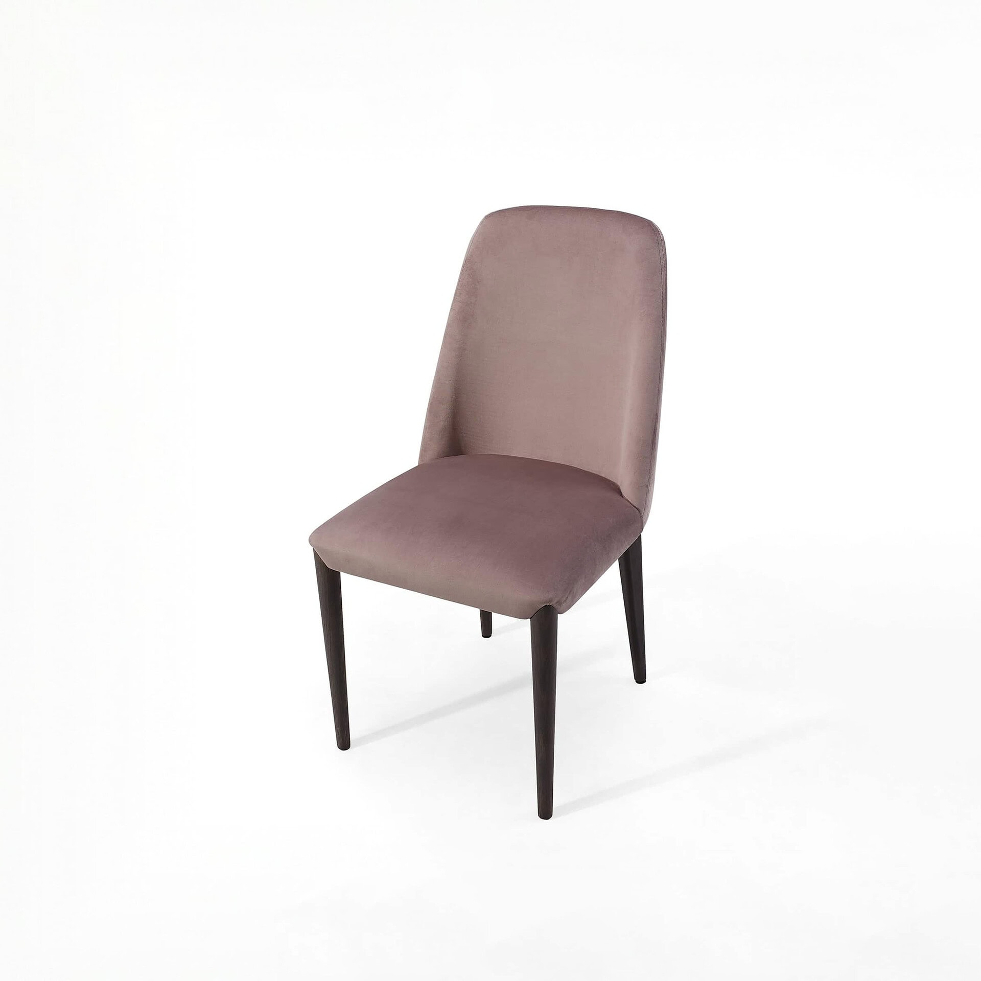 Upholstered mauve dining chair with dark wooden legs, ideal for contemporary dining rooms.