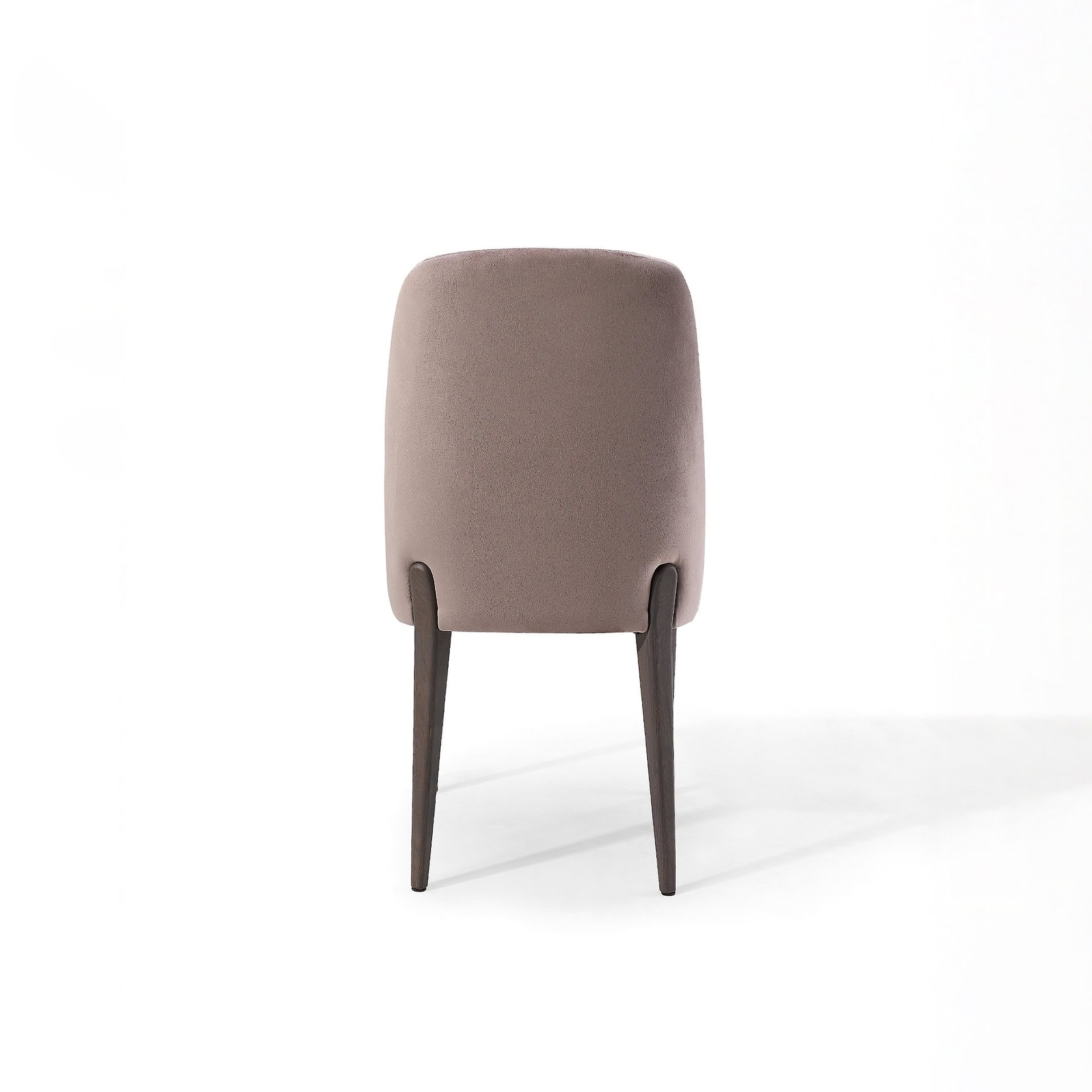 Elegant dining chair with taupe upholstery and dark wood legs, perfect for contemporary interiors.