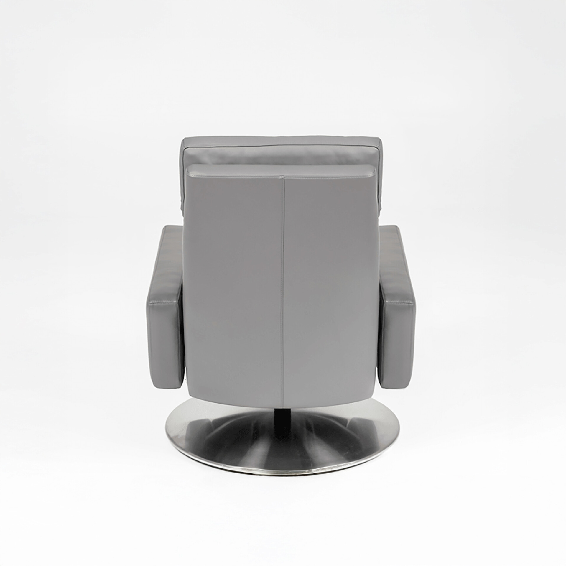 Back view of a modern gray upholstered armchair with padded armrests and a polished circular metal base on a white background.