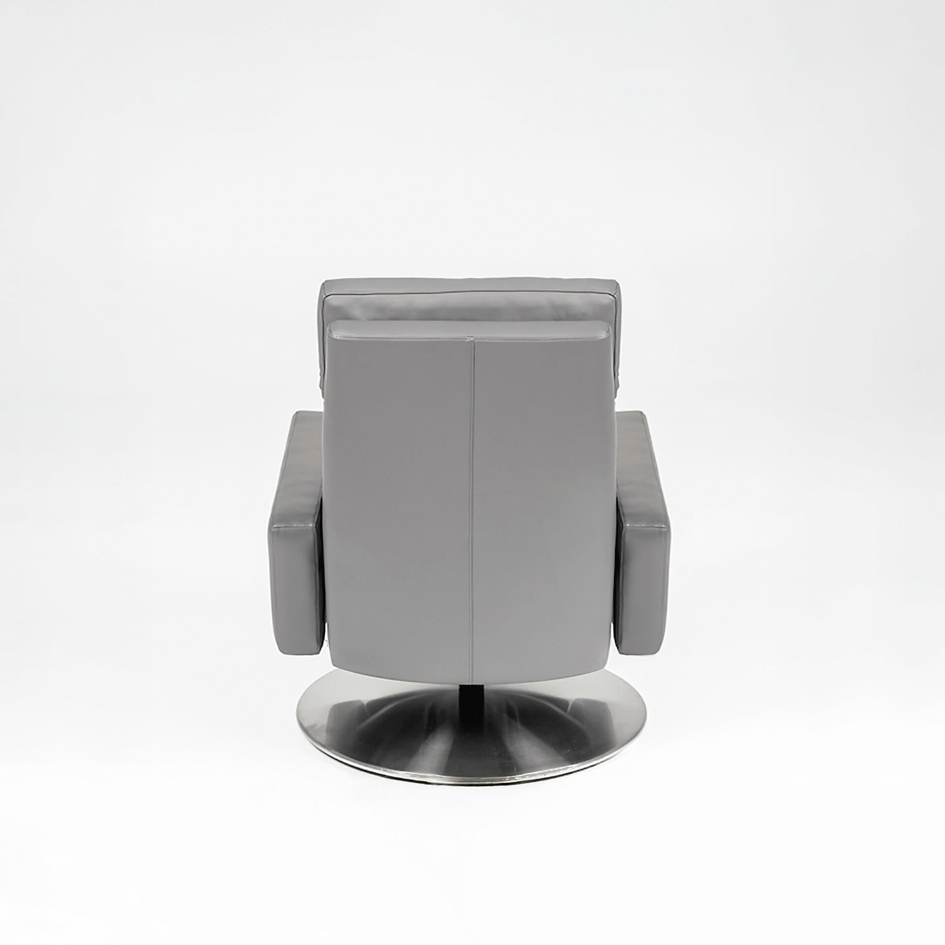 Grey recliner chair with sleek design and metal base.