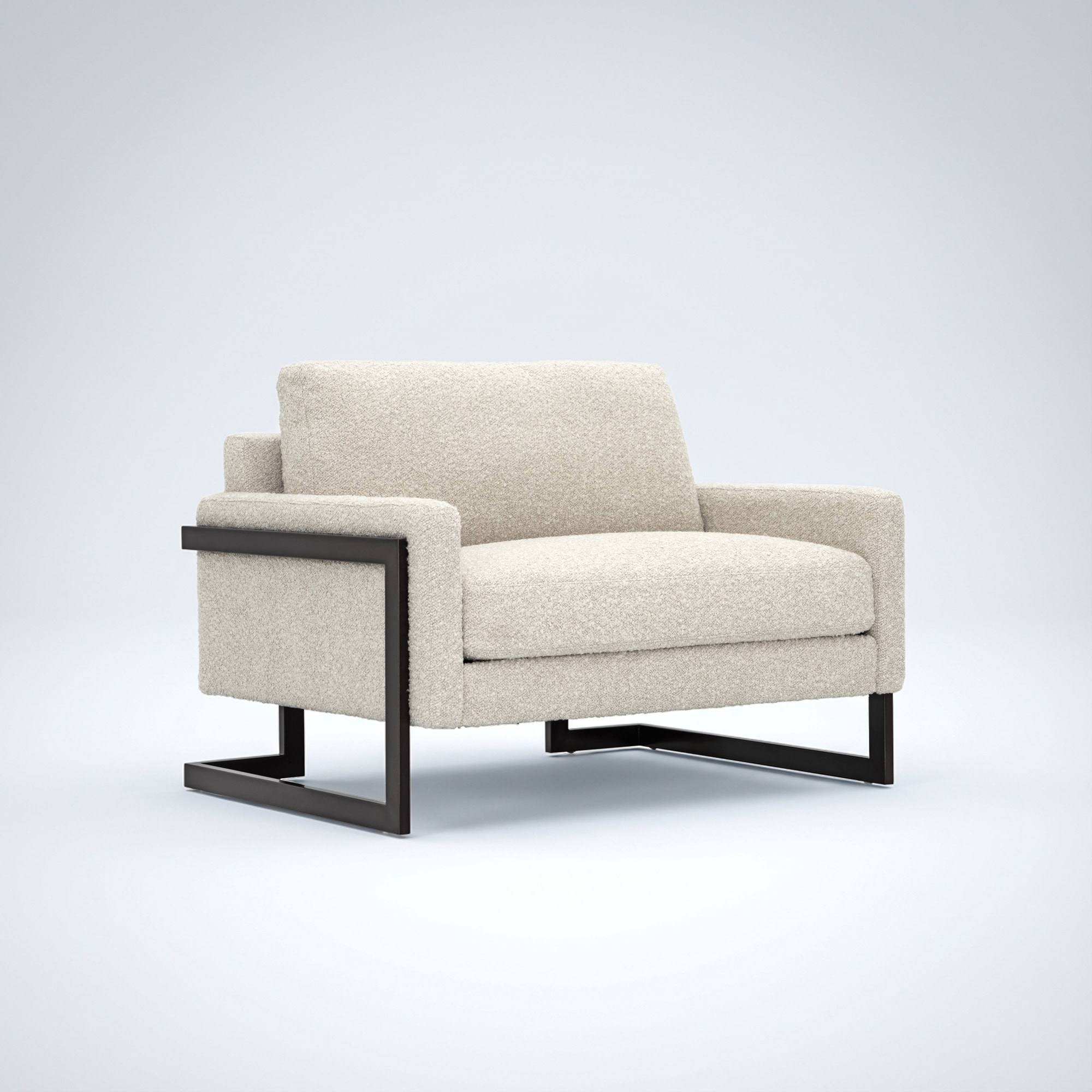 A modern armchair with light, textured cream upholstery and a dark, sleek metal frame, set against a light gray background.