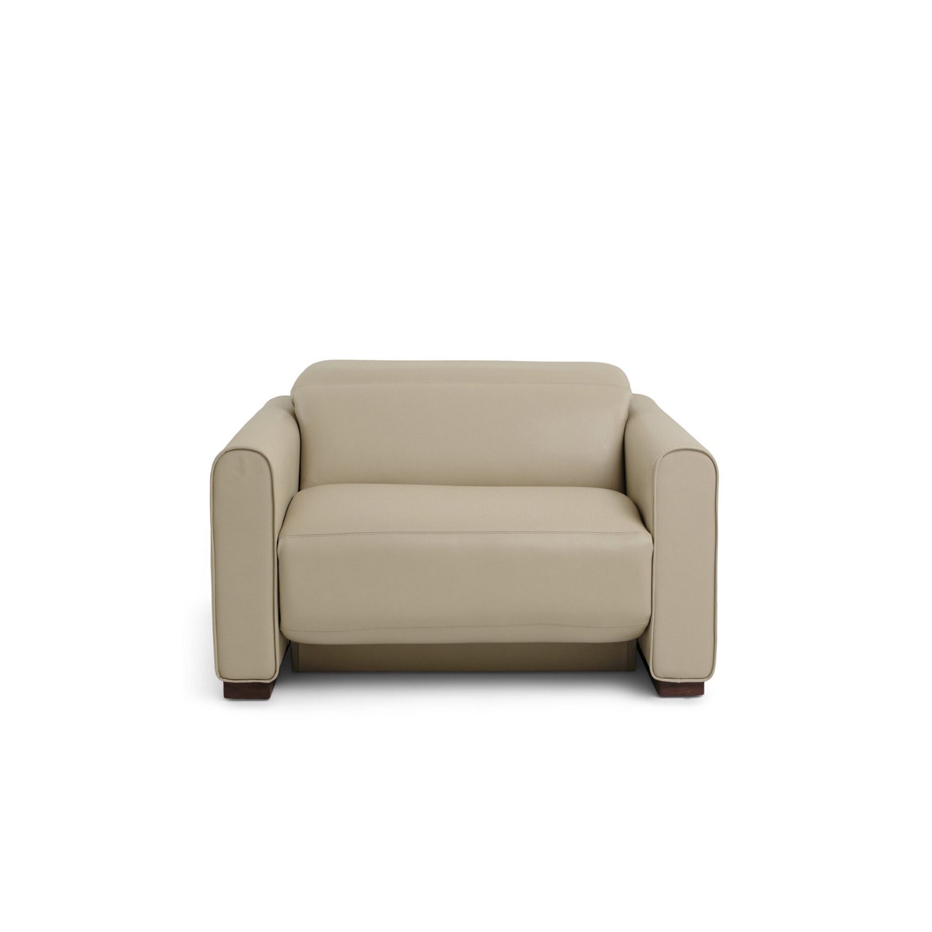 Elegant beige leather loveseat with plush cushions and wooden legs, perfect for contemporary home decor.