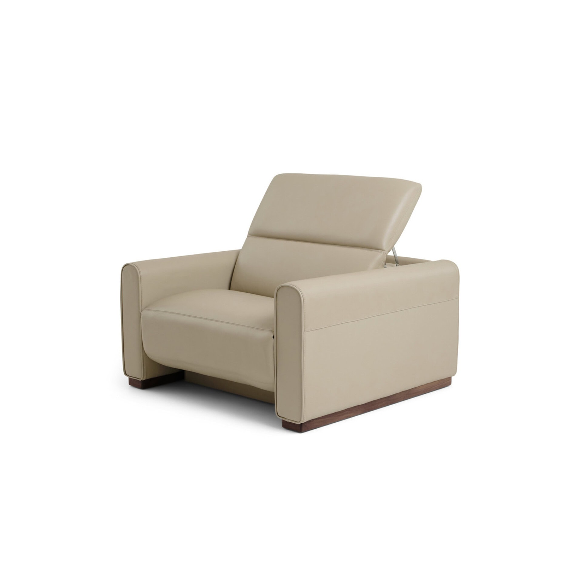 Elegant beige leather armchair with adjustable headrest and wooden base, perfect for modern living rooms.