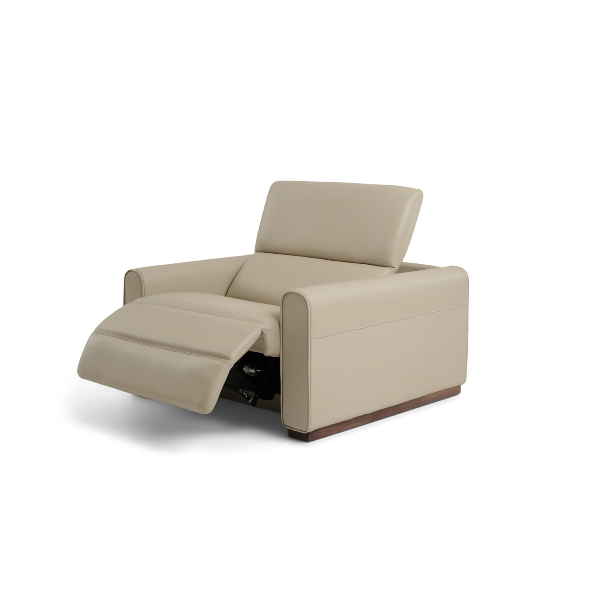 Modern beige leather recliner lounge chair with adjustable footrest and high back for comfort. Perfect for living rooms or offices.