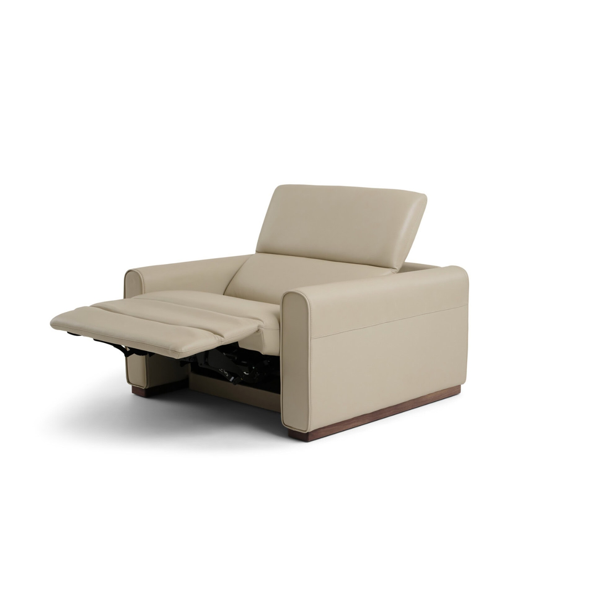 Luxurious beige leather recliner with adjustable footrest and ergonomic design.